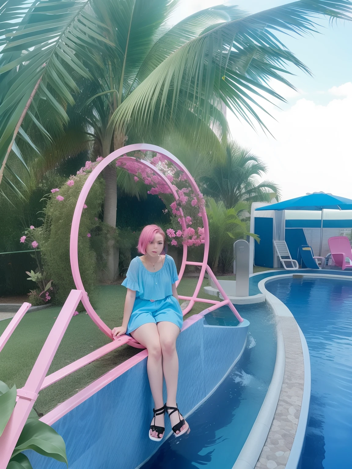 there is a girl sitting on a pink circular object in a park, playing at swiming pool, by Cherryl Fountain, taken with the best dlsr camera, paradise in the background, next to a tropical pool, beautiful image, in sunny weather, 🤬 🤮 💕 🎀, with palm trees in the back, sitting in the pool, with pink hair