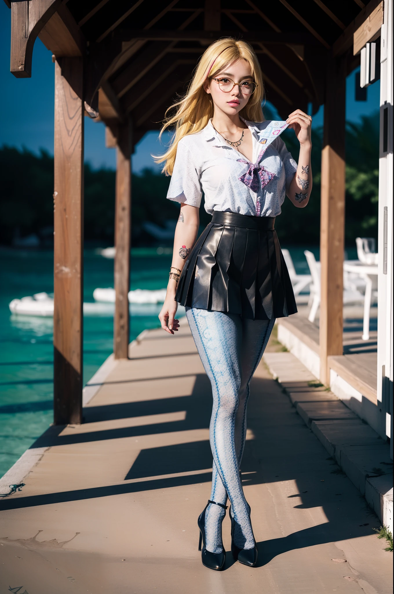 (full body:1.5)，(((only one girl)):1.4),(view the viewer:1.4)，((anatomy correct):1.45),(((dancing by the Maldives Sea, Perfectly integrated background))):1.3),(she wears large glasses and Holding book in her hand:1.2),(shy:1.15)，((sailor suit pleated skirt's set):1.2),(((((((patterns)))))) ,((thick pantyhose)):1.3),(((tattoo)):1.3),( Uniform high heels leather shoes with bows for female students:1.1)，((Long legs and large chest):1.3),((((colorful))):1.3),(Accurate and perfect face:1.3),((blonde):1.2)，hyper HD, Ray traching, reflective light， structurally correct, Award-Awarded, high detail, lighten shade contrast, Face lighting ，cinematic lighting, masterpiece, super detailing, high quality, high detail, best quality, 16k，High contrast,