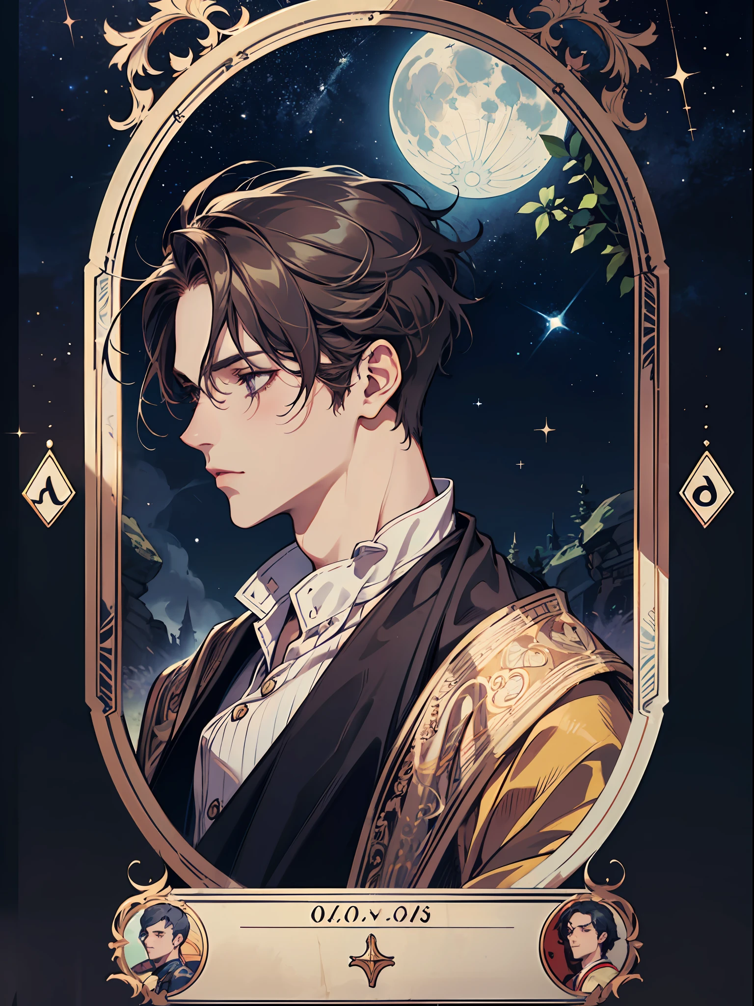 (absurdres, highres, ultra detailed), 1 male, adult, handsome, tall muscular guy, broad shoulders, finely detailed eyes and detailed face, night sky, the moon \tarot\, Symbolism, Visual art, Occult, Universal, Vision casting, Philosophical, Iconography, Numerology, Popularity, Artistic, Alphone Mucha, short hair,