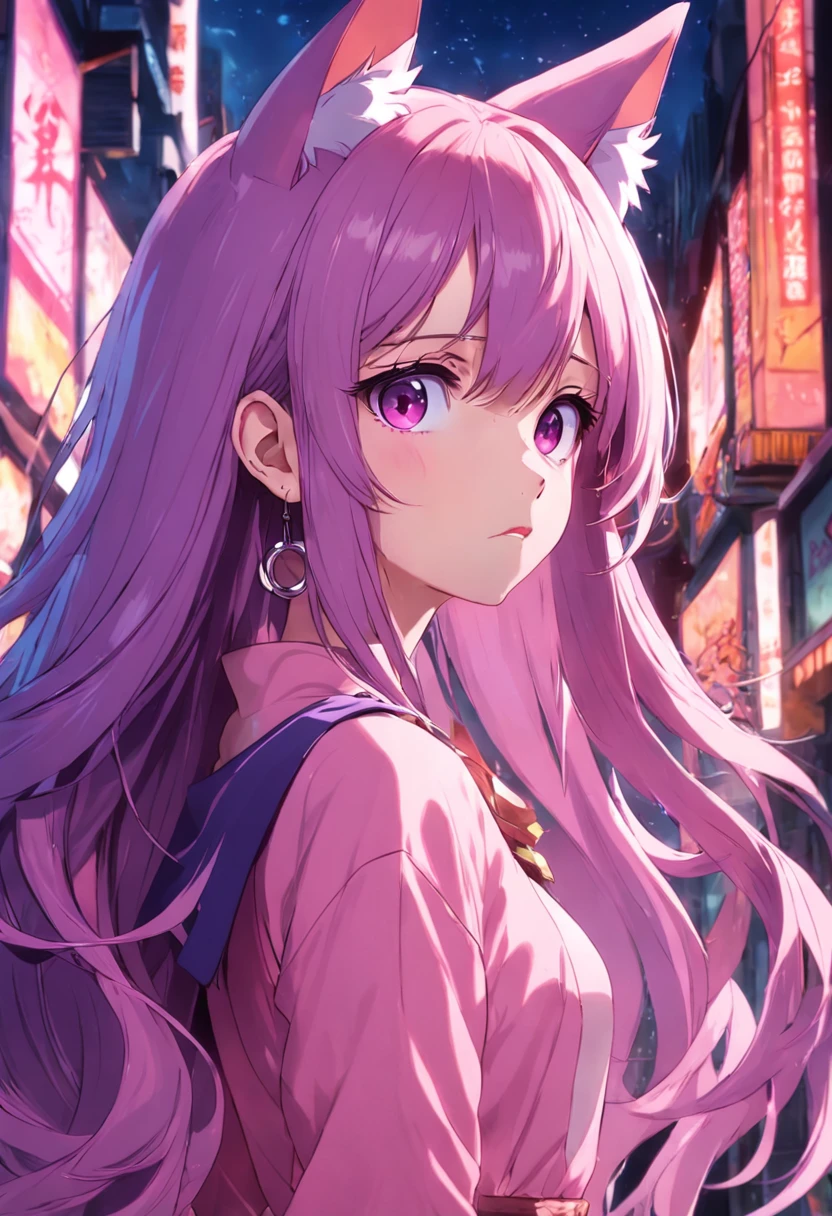 A girl,Long pink hair,Has pink fox ears,Purple eyes have earrings