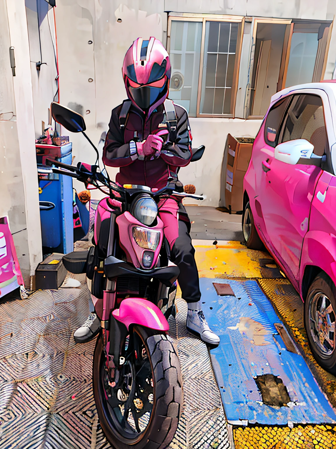 Alafi wearing a pink helmet sits on a pink motorcycle, pink power, some pink, front profile!!!!, Wow!!!!!!, OMG, pink scheme, sitting on cyberpunk motorbike, pink face, Pink skin, macoto takahashi, Streamlined pink armor, matte pink armor, akira motorcycle, Pink vibe, motorcycle, ((Pink)), (in pink)