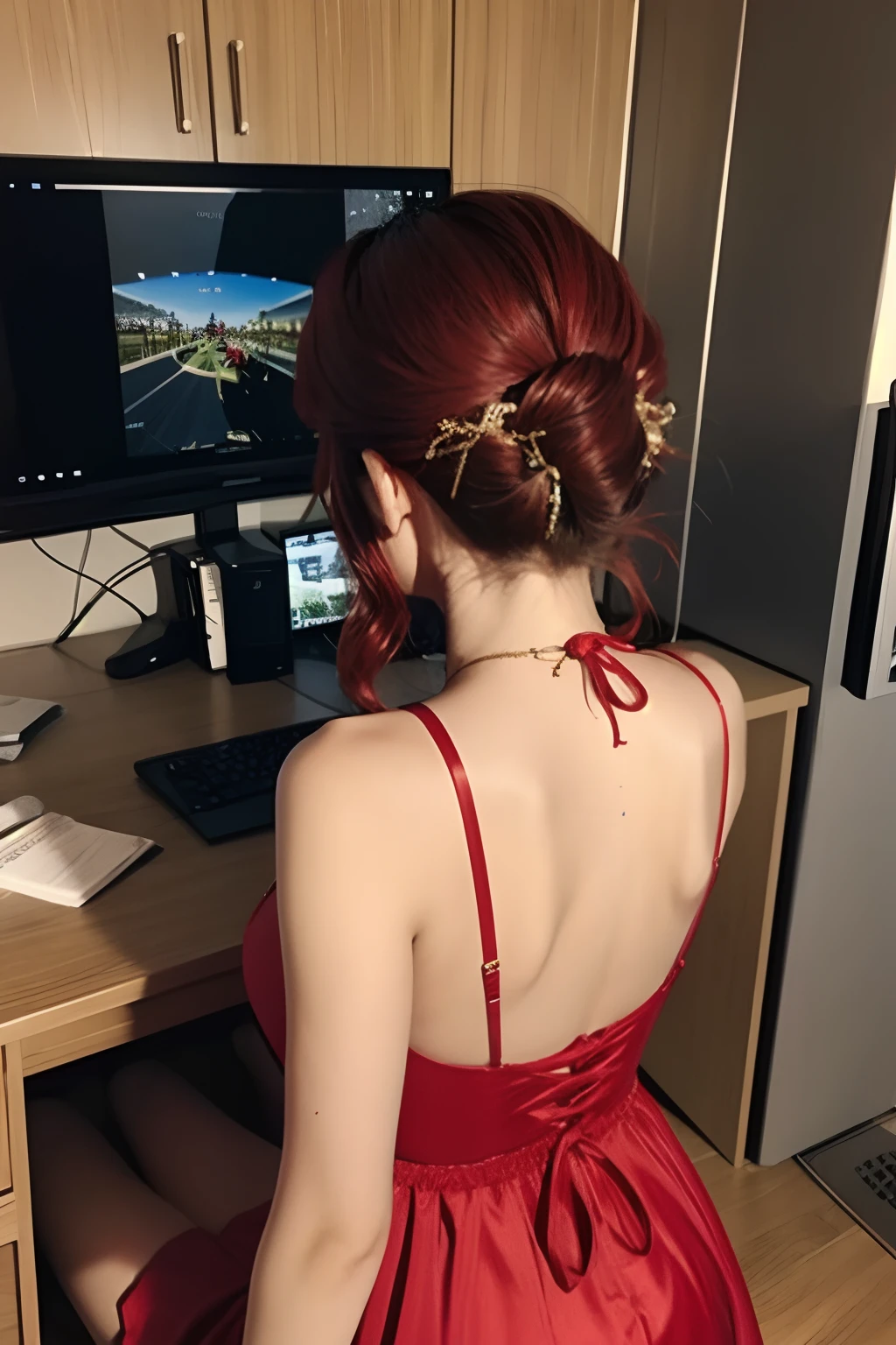 1girll,playgame,From the side,From behind, Red hair,Large display,red and gold dress