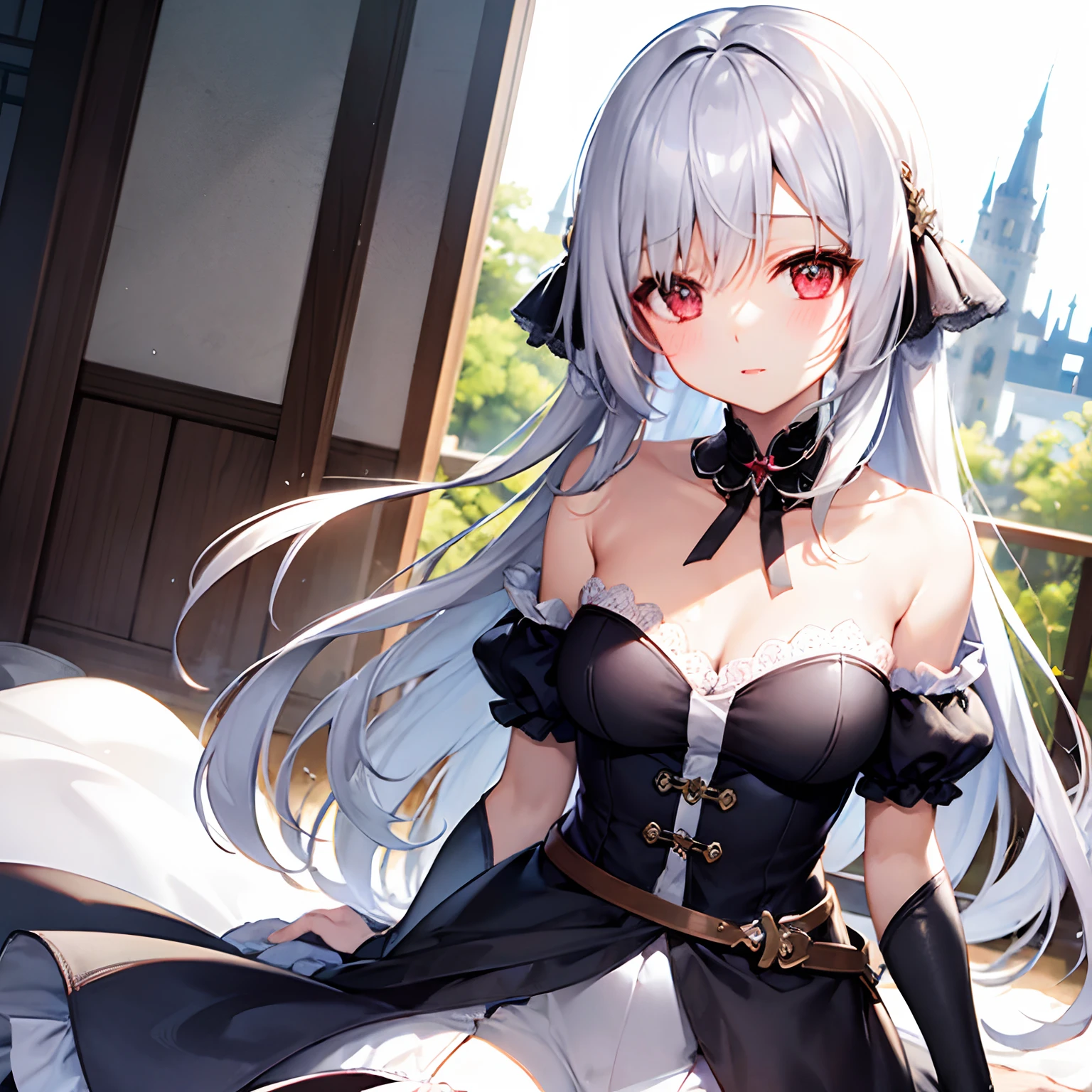 silber hair、red eyes、Beautiful girl alone、Fluffy dresses、off shoulders、Western-style castle