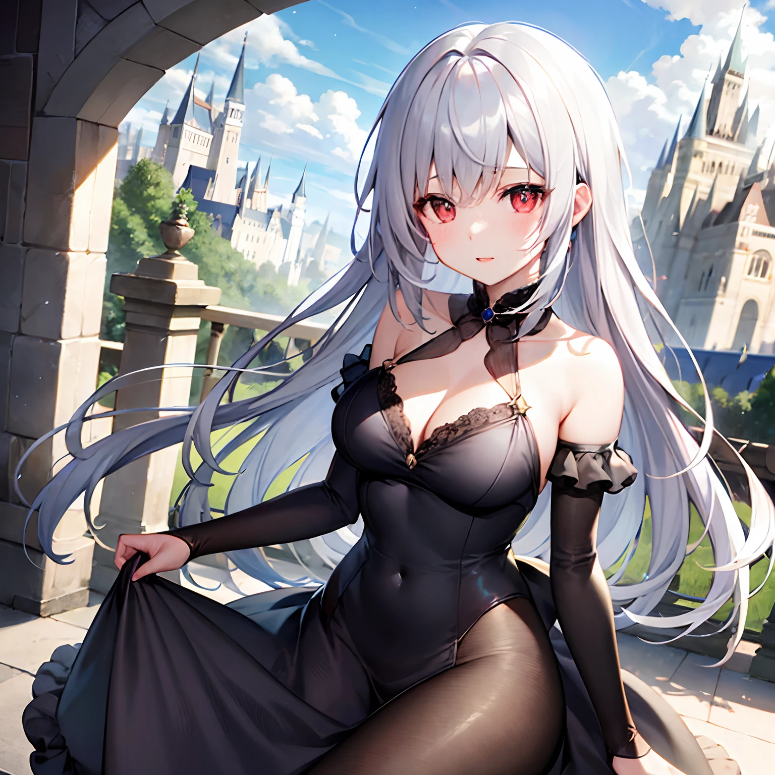 silber hair、red eyes、Beautiful girl alone、Fluffy dresses、off shoulders、Western-style castle