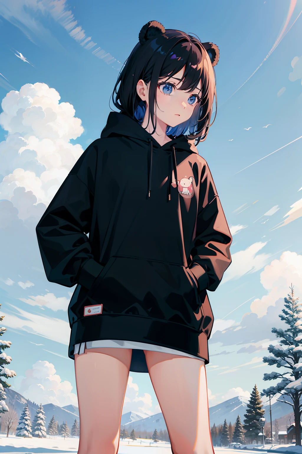 Masterpiece, Best quality, 独奏,a pregirl,Nice face,are standing,Black waist-length hair,Wear a pink hooded casual sweatshirt(The sweatshirt has a cute bear pattern on it),I didn't wear pants on my lower body,White stockings,C cup,Reach your hands in your pockets,exteriors,snow landscape,with blue sky and white clouds,In the park,nevando