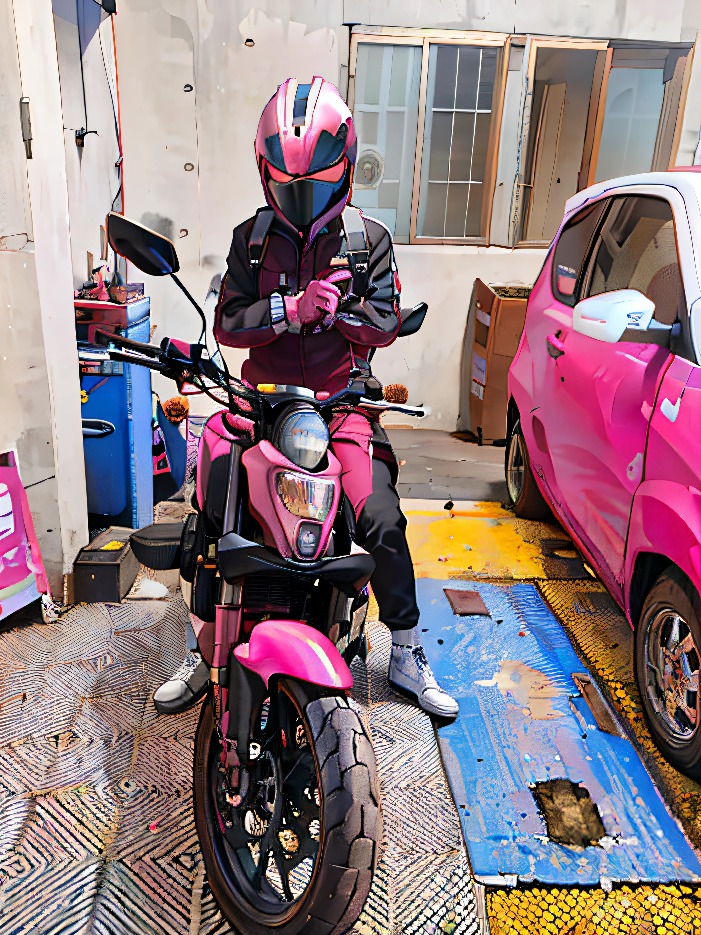 Alafi wearing a pink helmet sits on a pink motorcycle, pink power, some pink, front profile!!!!, Wow!!!!!!, OMG, pink scheme, sitting on cyberpunk motorbike, pink face, Pink skin, macoto takahashi, Streamlined pink armor, matte pink armor, akira motorcycle, Pink vibe, motorcycle, ((Pink)), (in pink)