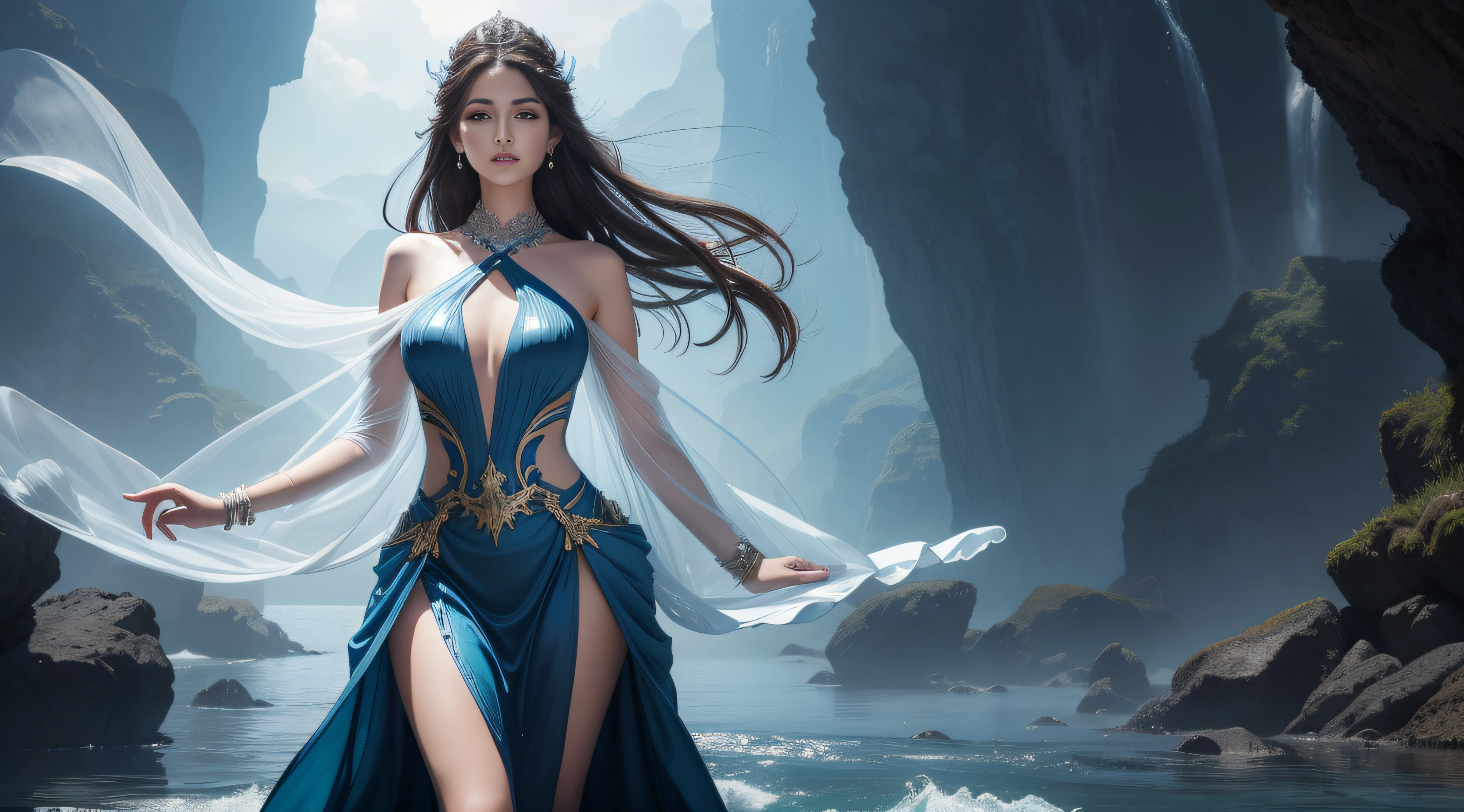 ((Best picture quality, 8K, tmasterpiece:1.3)), 1 female, Beautiful woman with slender abs:1.3, (Casual hairstyle,:1.2), Ultra-fine face,Woman in blue dress standing on rocky beach, wearing a dress made of water, Translucent dress, draped in transparent cloth, dress made of water, Transparent gray dress, Ethereal beauty, real photoshoot queen of oceans, floating dress, karol bak uhd, stunning elegant pose, see through dresses, Goddess of the sea