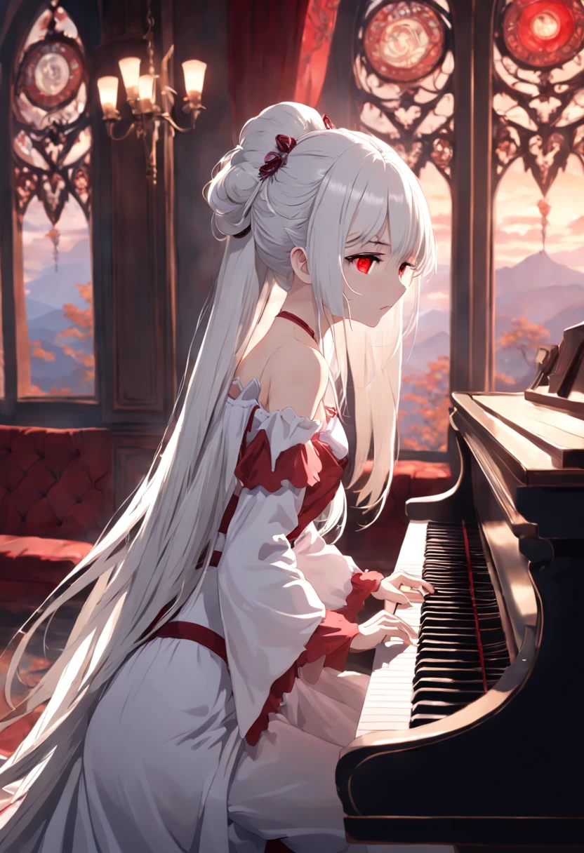 White hair, red eyes, vampire girl in long dress playing piano in European castle