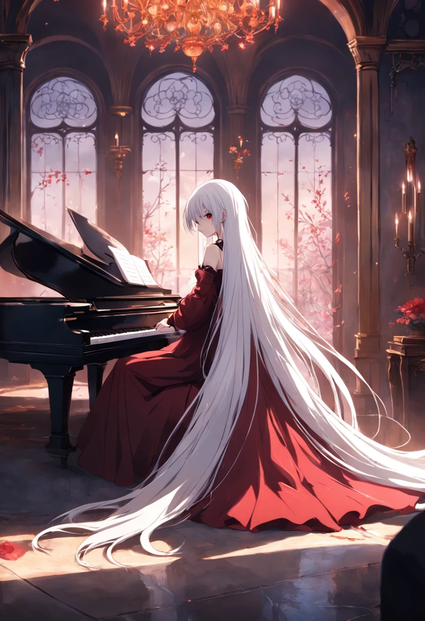 White hair, red eyes, vampire girl in long dress playing piano in European castle