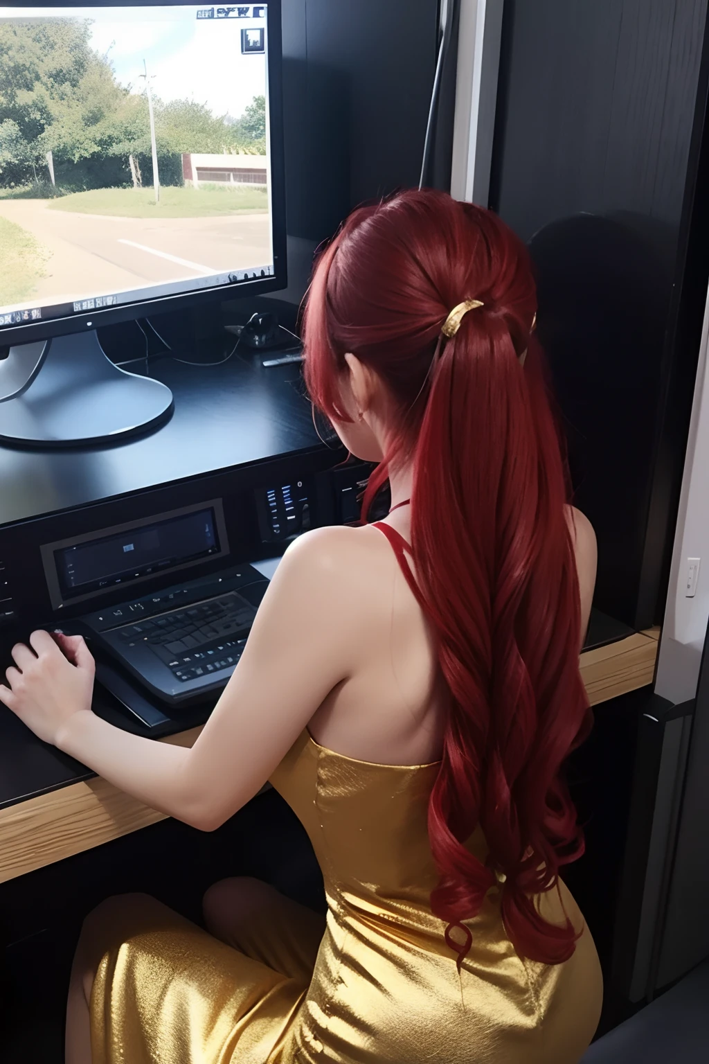 1girll,playgame,From the side,From behind, Red hair,Large display,Red and gold dress