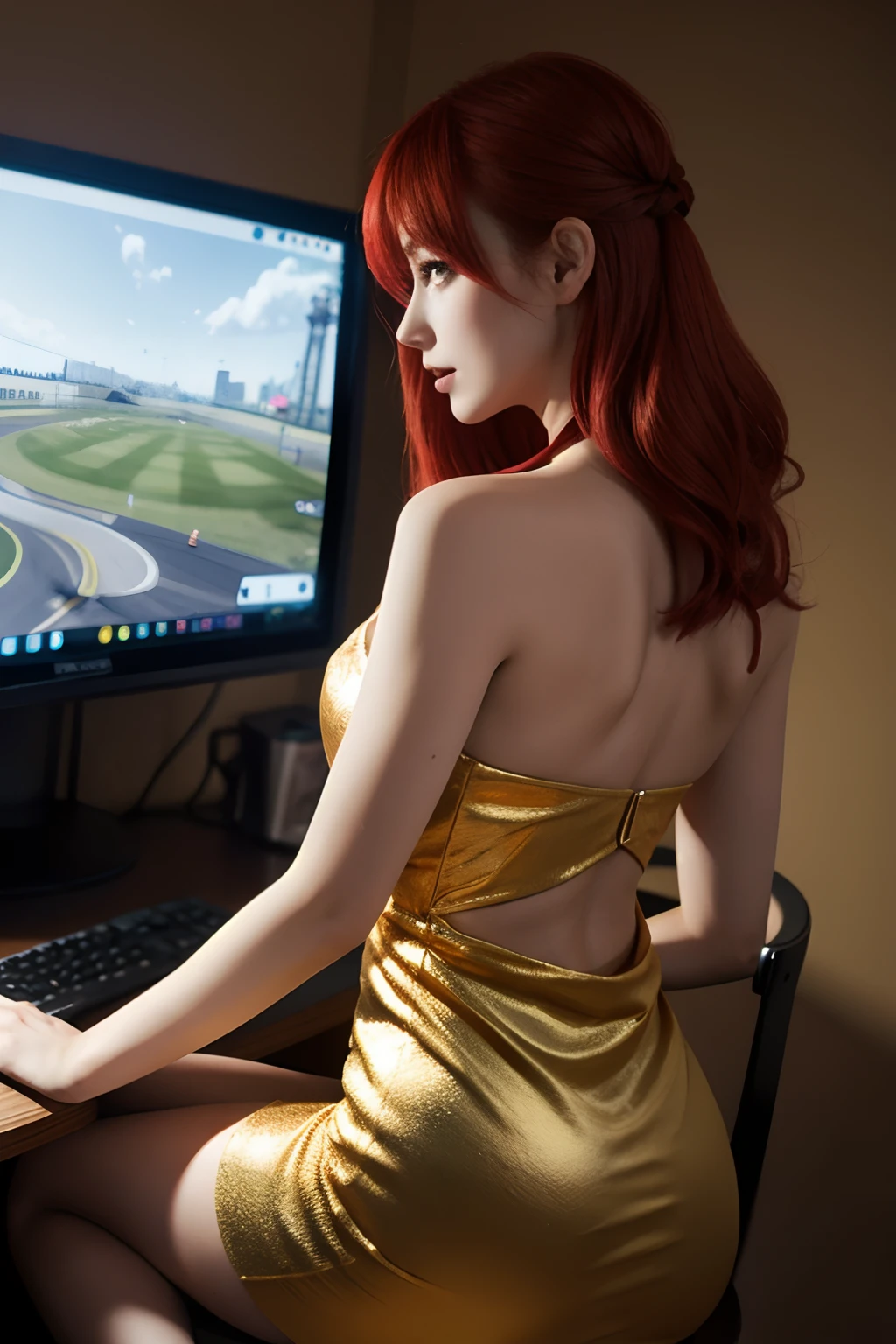 1girll,playgame,From the side,From behind, Red hair,Large display,Red and gold dress