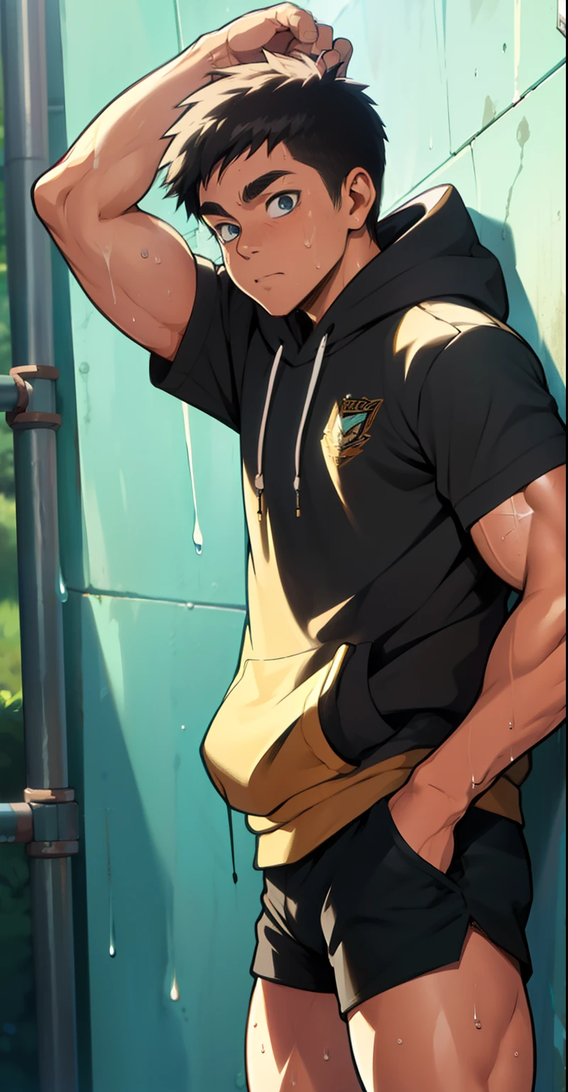 cute 13 year old boy, cute baby face, huge muscular thigh muscles, dripping sweat, shiny skin, wearing a hoodie, wearing short black shorts, 2 hands in his pockets (  bottom-up angle)