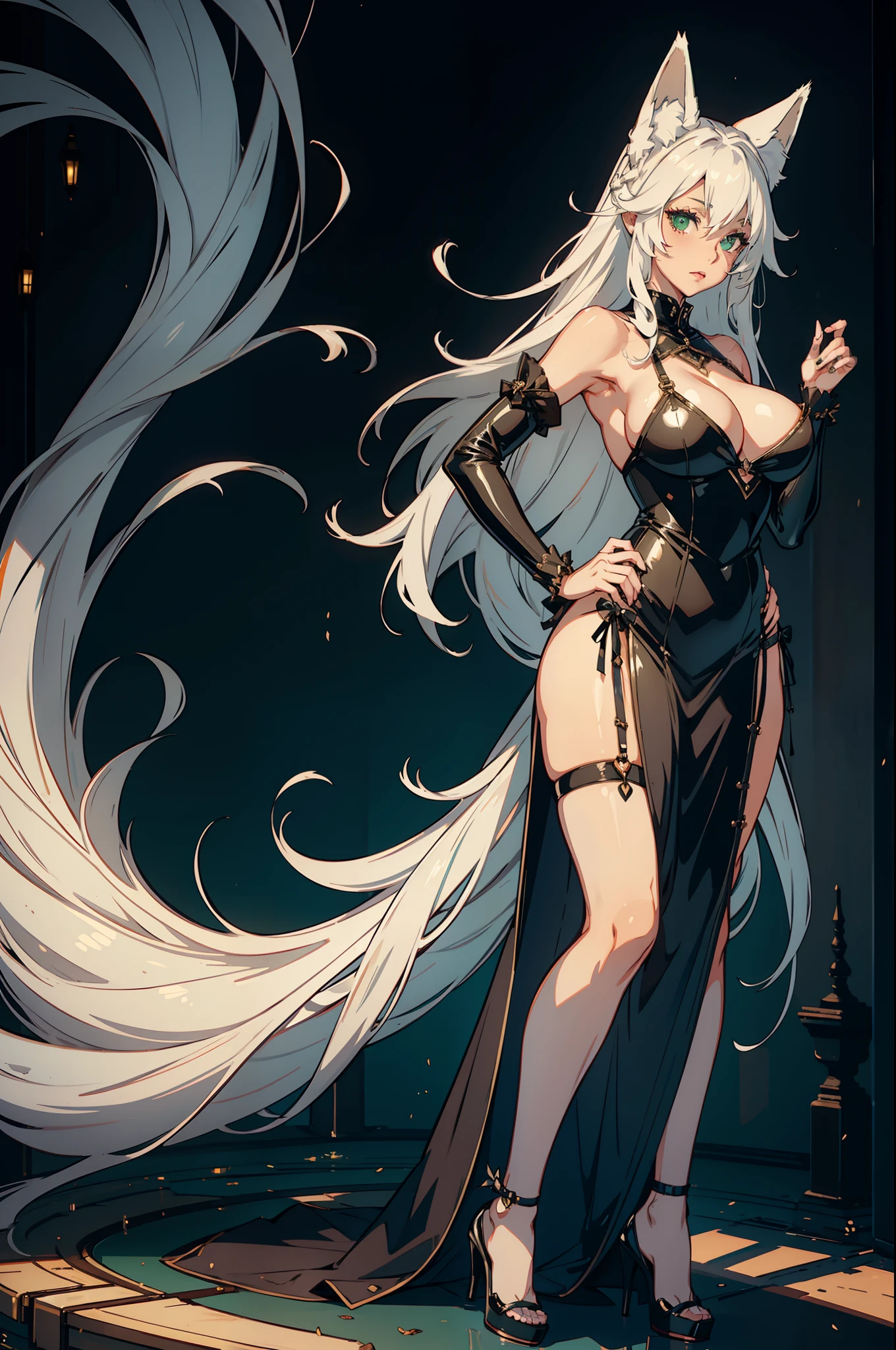 1girl, fox ears, fox tail, white hair, green eyes, medium breasts, wide hips, mature lady, sexy, SFW, long hair, full body, maid, latex, dress,