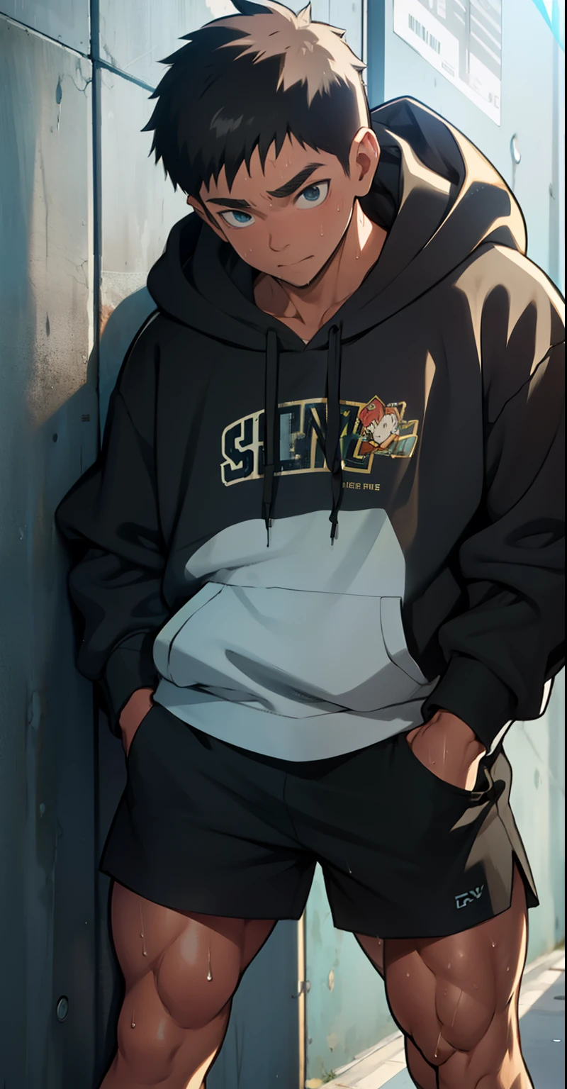 cute 13 year old boy, cute baby face, huge muscular thigh muscles, dripping sweat, shiny skin, wearing a hoodie, wearing short black shorts, 2 hands in his pockets (  bottom-up angle)