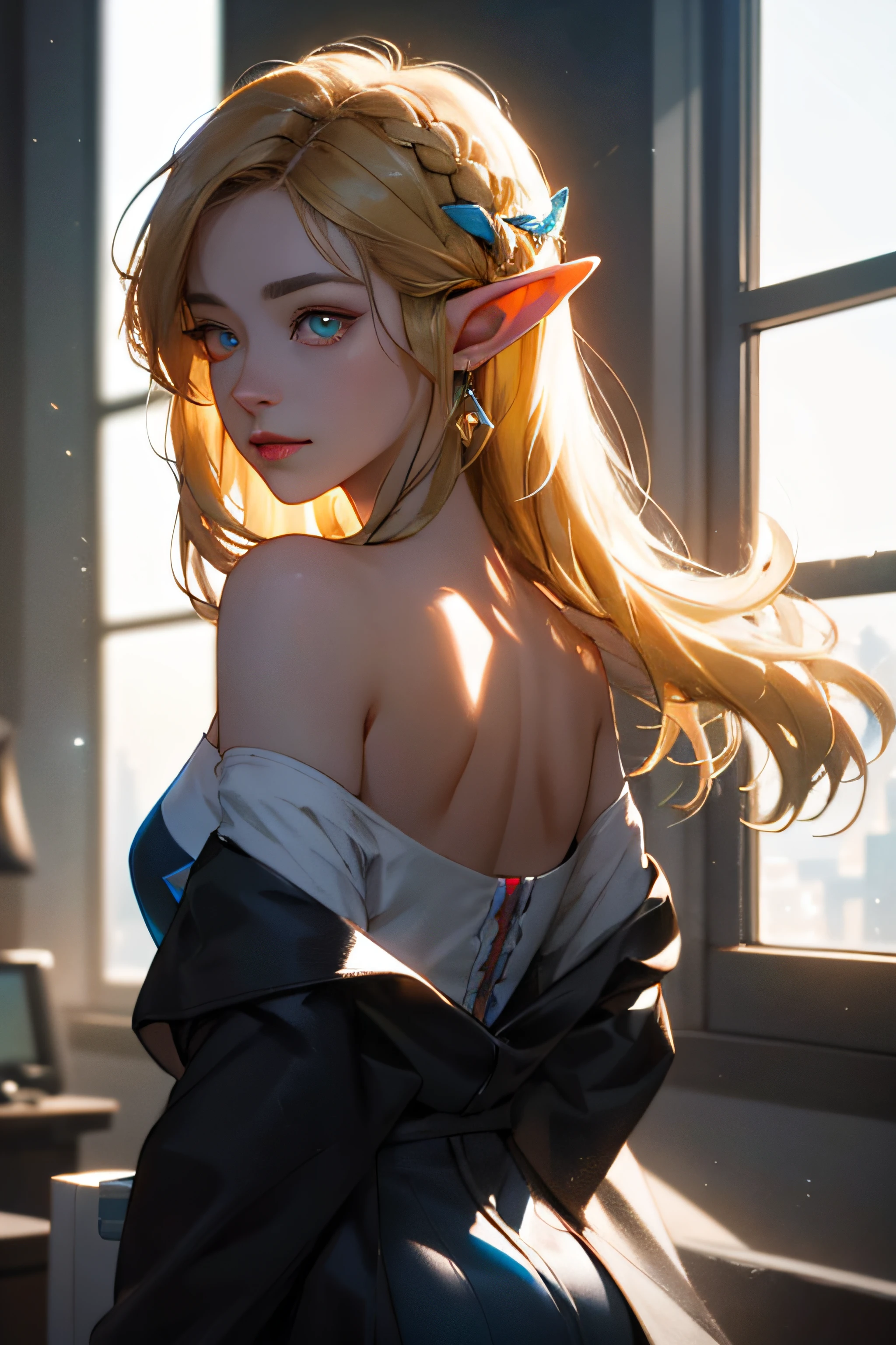 ((best qualtiy)), ((tmasterpiece)), (detail:1.4), Beautiful cyberpunk female images,hdr(HighDynamicRange),Ray traching,NVIDIA RTX,Hyper-Resolution,illusory 5,sub surface scattering,PBR textures,post-proces,Anisotropy Filtering,depth of fields,maximum definition and sharpness,Many-Layer Textures,Albedo e mapas Speculares,Surface coloring,Mitsu-Accurate simulation of material interactions,perfectly proportioned,rendering by octane,Two-colored light,largeaperture,Low ISO,White balance,Rule three points、8K raw data、Beautiful bright blue pupils,off-the-shoulder clothes,Fine pupils,Delicate face and eyes,long eyelasher,Blushlush,Pure,Cute face,Sweet girl,Artistic sense,Casual wear,Advancedsense,butterflys,Beautiful hair accessories,Hair fluttering in the wind,Positive light,The light from the back window is backlighted, zelda, princess zelda, blonde, elf