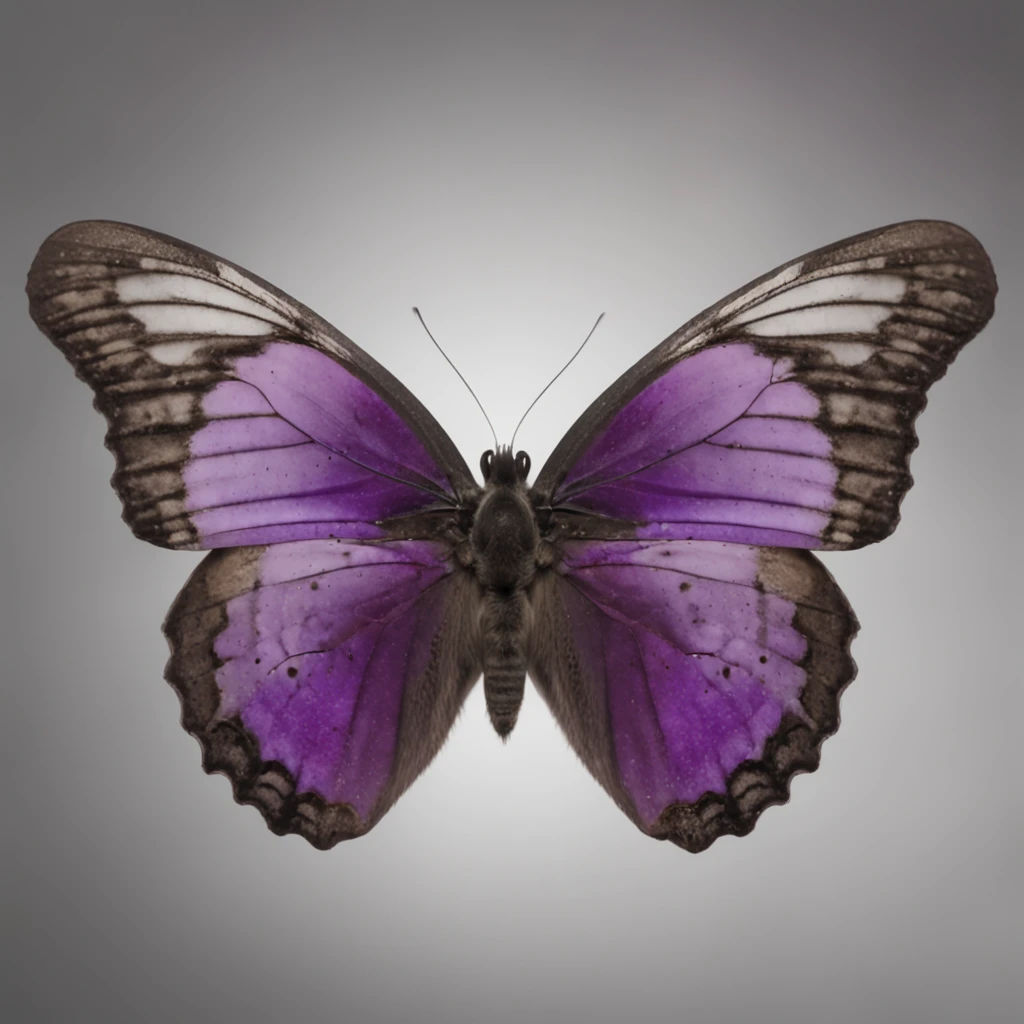 butterfly, realistic, colorful, vibrant colors, predominantly black, blue, and purple, symmetrical, solid white background)