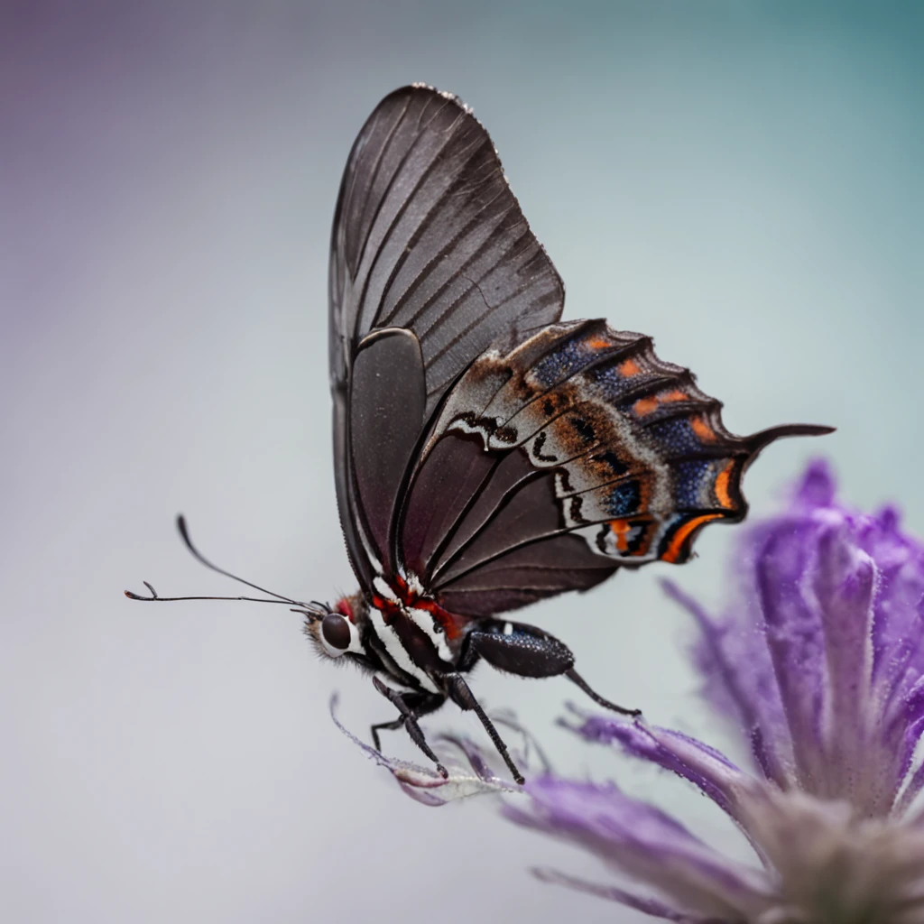 butterfly, realistic, colorful, vibrant colors, predominantly black, blue, and purple, symmetrical, solid white background)
