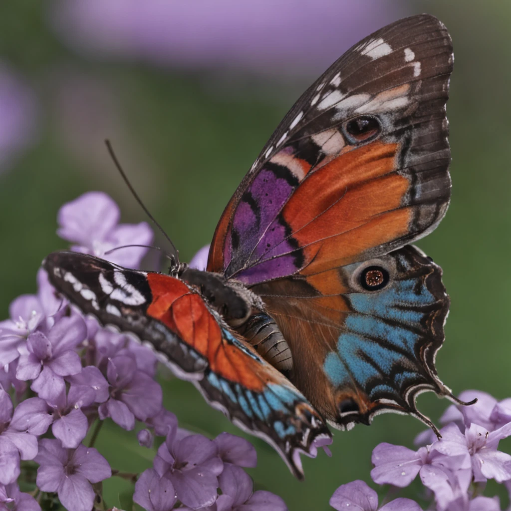 butterfly, realistic, colorful, vibrant colors, predominantly black, blue, and purple, symmetrical, solid white background)