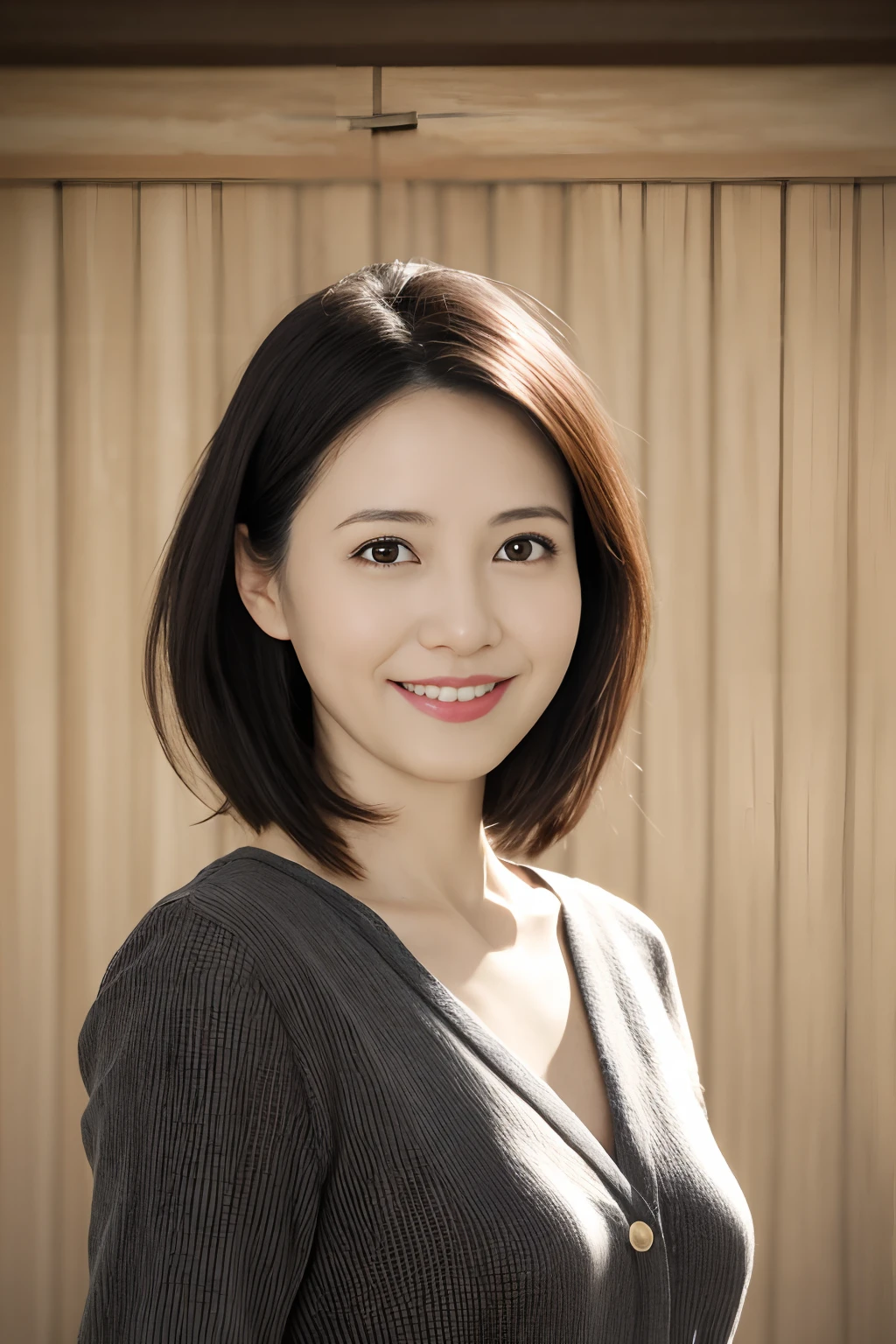 portrait, 8K, high quality, realistic photo image, 39 years old, Japan woman, neat and clean wife, small, housewife, reproduce natural and realistic eyes, Japan person stand, small, beautiful black hair, short hair, light makeup, octane rendering, beautiful lighting, golden ratio composition, smile, everyday wear, casual clothes, natural background, blurred background, 4k, high quality, realistic photo image, Japan woman, 37 years old, pure Japan face, lovely wife, upper body, small breasts, light makeup, suppin, neat beauty, mature woman, sober clothes, gray, beige, blue, sober, casual attire, smile, black hair, small black eyes, background blur