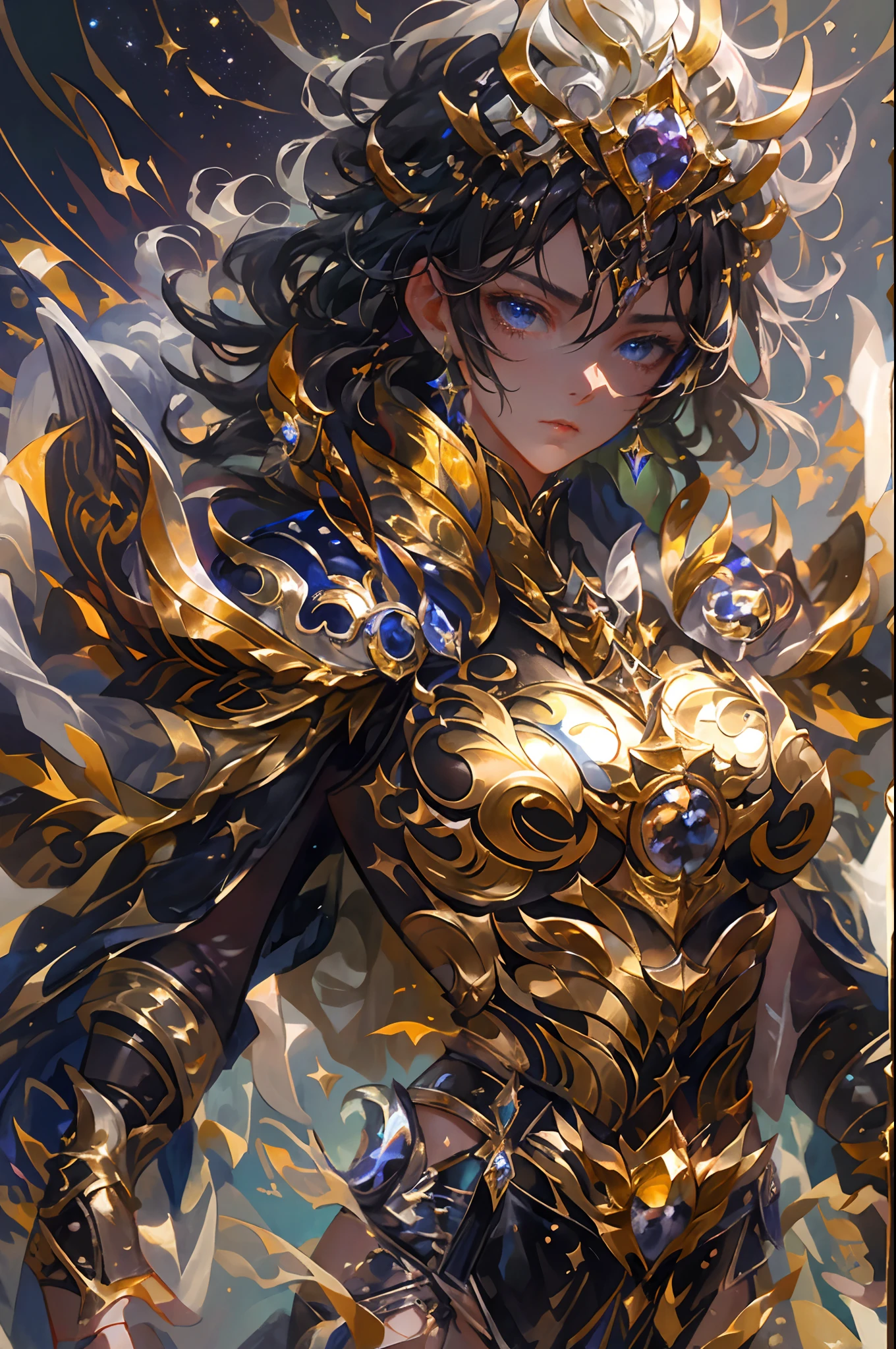 Ultra-high saturation，（tmasterpiece）， fully body photo，（best qualtiy）， （1girll）， starryskybackground，Wearing shiny gold armor， Sexy lingerie type armor，Expose your chest，Expose the waistline，Exposing thighs，cool-pose， Saint Seiya Armor， messy  hair，high detal, Anime style, Cinematic lighting, Sparkle, god light, Ray traching, filmgrain, hyper HD, textureskin, super detailing, Anatomical correct, A high resolution，Ultra-high saturation，hight contrast，High-gloss armor，Smooth skin，Serious expressions,Dark room,