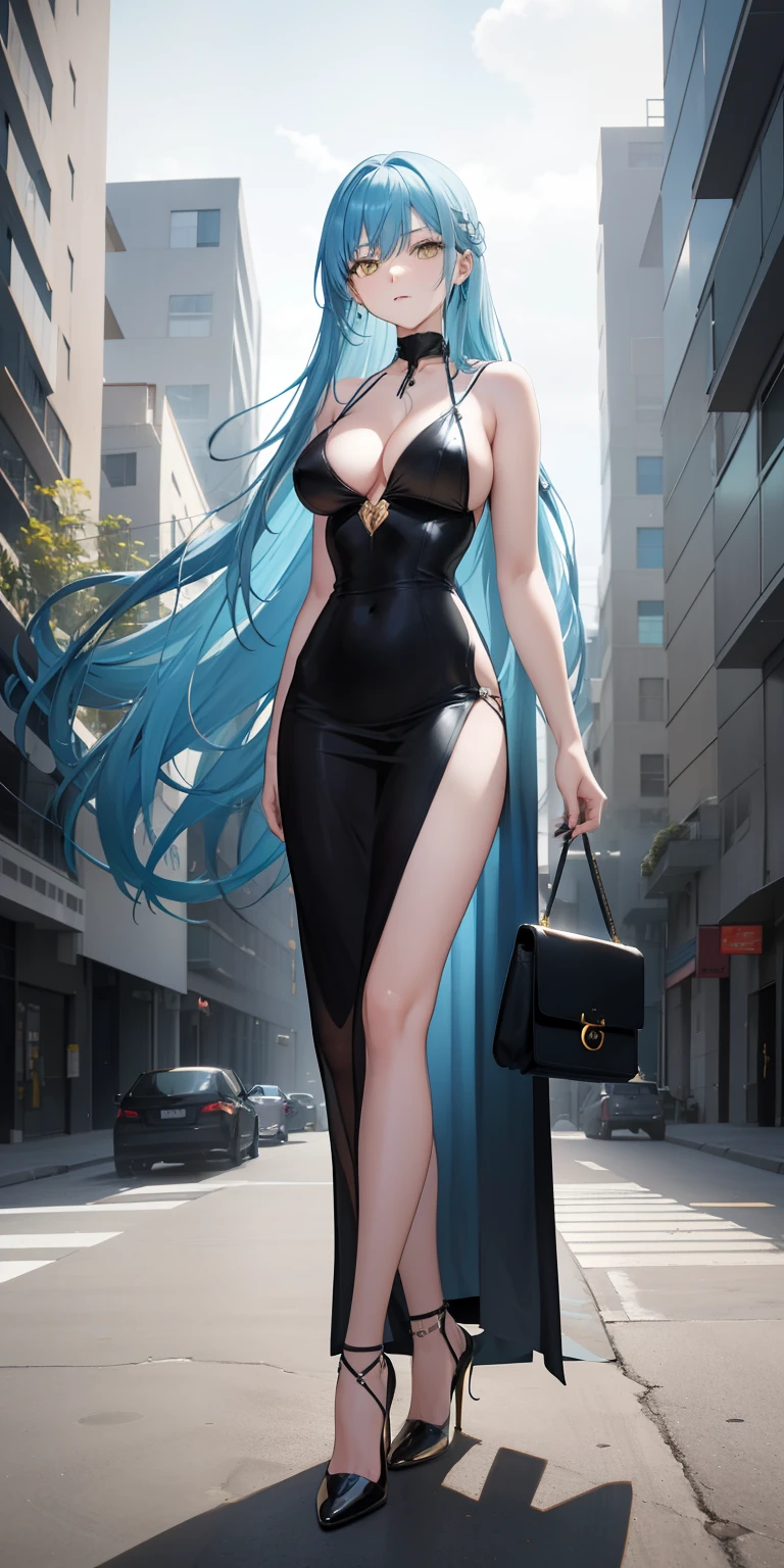 light blue hair, long hair, yellow eyes, black dress, collarbone, bare back, big boobs, inside a building, high heels black shoes, inside of building, looking at camera, close up camera, standing, holding a handbag