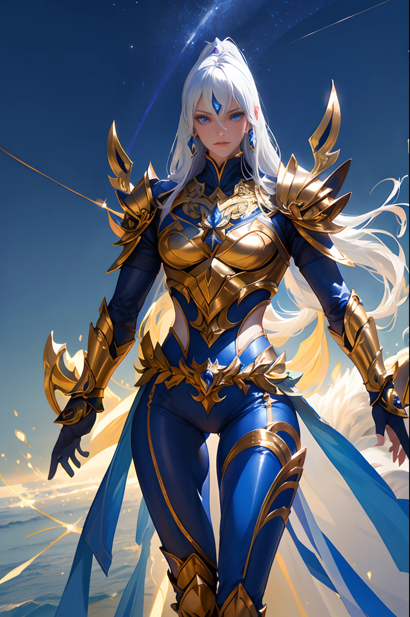 Ultra-high saturation,(tmasterpiece), fully body photo,(best qualtiy), (1girll), starryskybackground,Wearing shiny gold armor, Sexy lingerie type armor,Expose your chest,Expose the waistline,Exposing thighs,cool-pose, Saint Seiya Armor, messy hair,high detal, Anime style, Cinematic lighting, Sparkle, god light, Ray traching, filmgrain, hyper HD, textureskin, super detailing, Anatomical correct, A high resolution,Ultra-high saturation,hight contrast,High-gloss armor,Smooth skin,Serious expressions,Dark room,