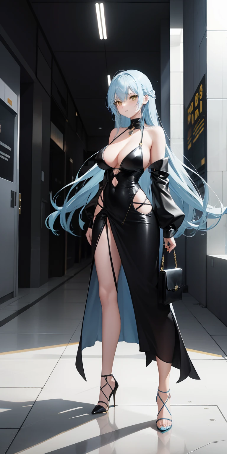 light blue hair, long hair, yellow eyes, black dress, collarbone, bare back, big boobs, inside a building, high heels black shoes, inside of building, looking at camera, close up camera, standing, holding a handbag