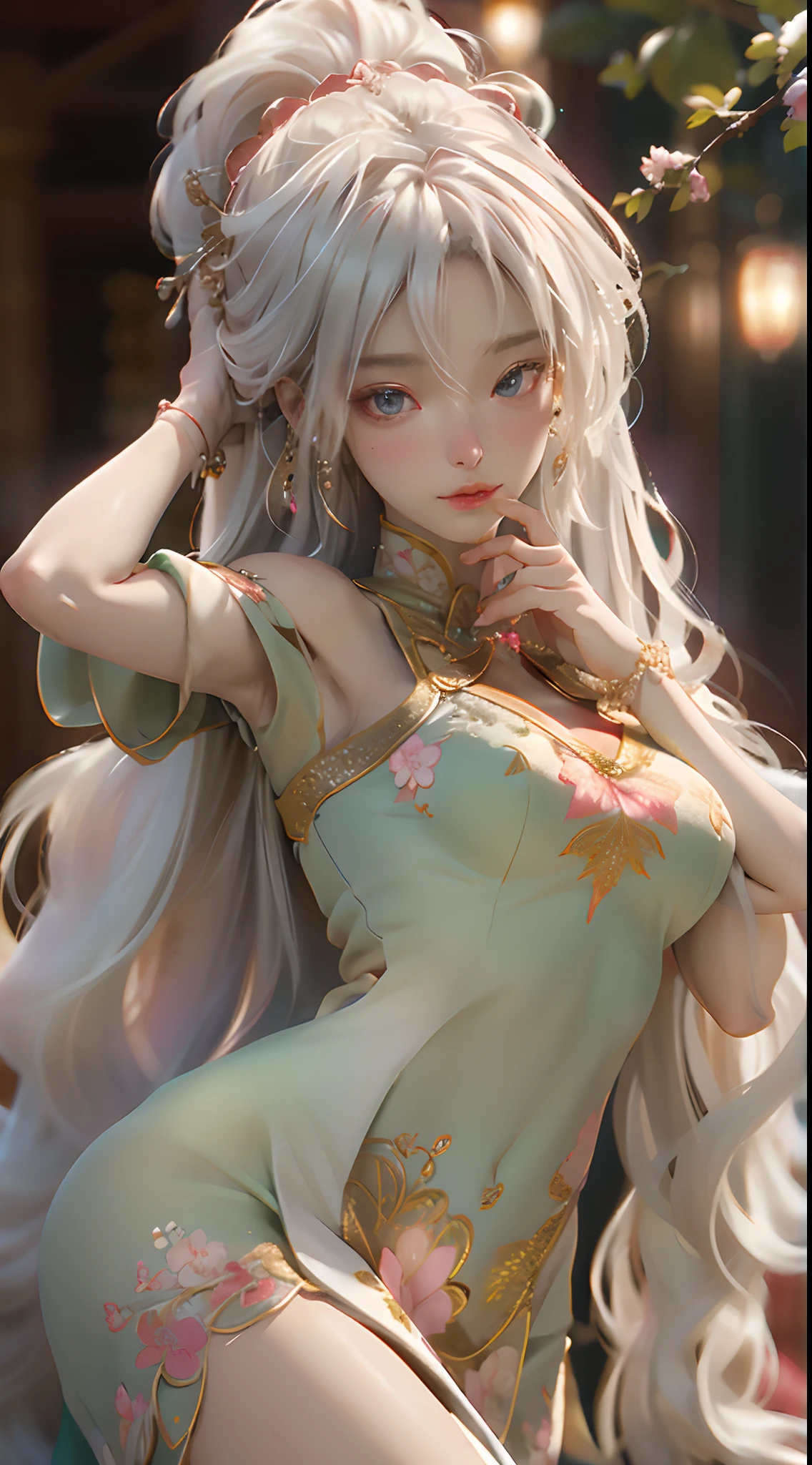 Image of a woman in a belly dance costume, there is a girl in a green dress, plum blossoms, palaces, oriental architecture ray tracing, {best quality}, {masterpiece}}, extremely detailed 8K wallpaper, {an extremely delicate and beautiful}, colorful, intricate details, realism, realism, camera quality, (meticulously portrayed clothes), cold white skin, (meticulously portrayed blush), 1080p, sun, soft cute, smooth light silver hair, messy beauty, lighting, brokenness, shiny and silky skin, 3D stereoscopic, masterpiece, best quality, illustration super fine, beautiful eyes, very delicate light, fine luminescence, very fine 8K CG wallpaper, peach blossom eyes, red pupils, an extremely delicate beautiful girl, 8k wallpaper, best quality, full body close-up, white long dress, luxurious silky bright red chiffon flood (illusion, glitter, ultra-thin, soft,) Hanfu