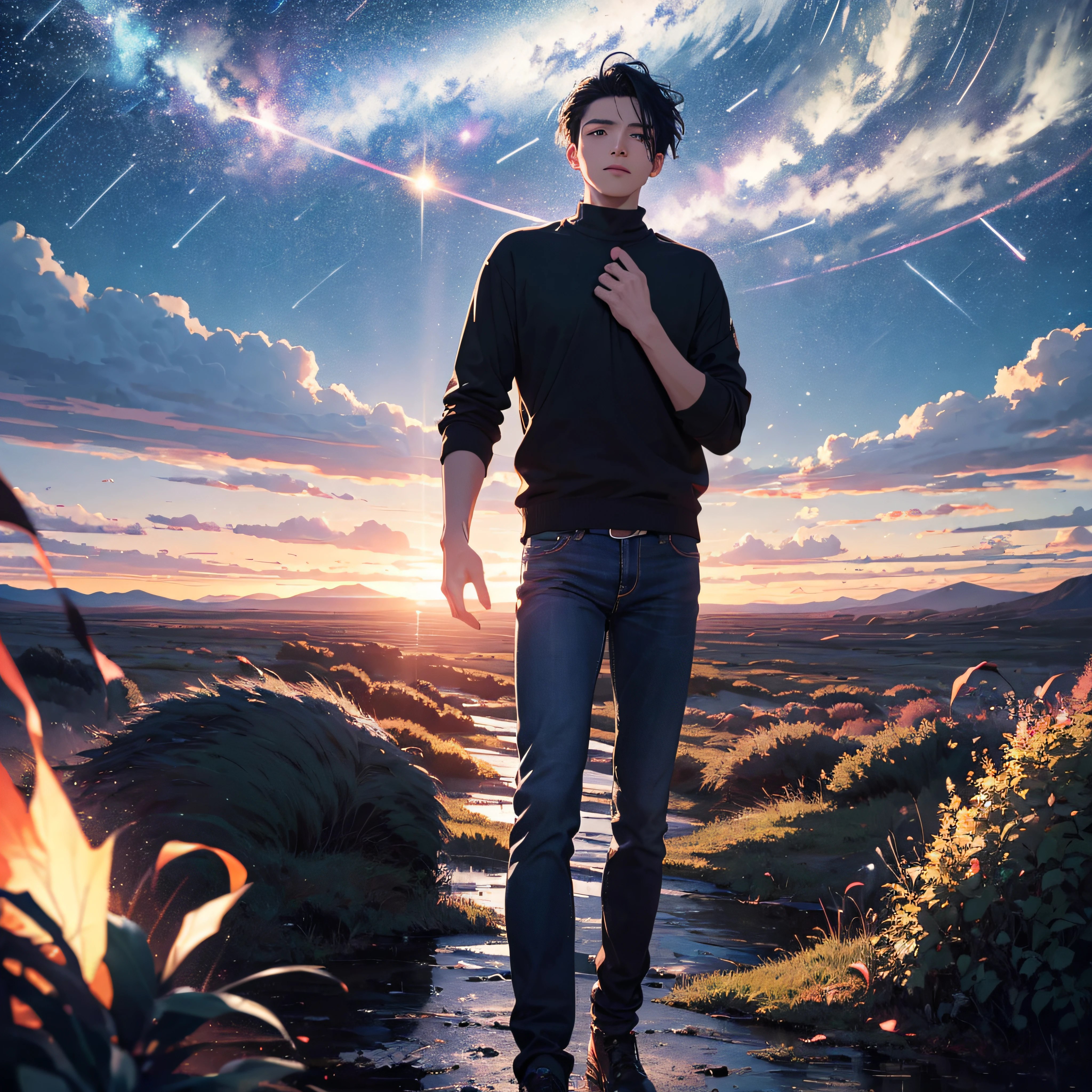 ((Best Quality, 8K, Masterpiece: 1.3)), landscape, morning shoot, star trail, slow speed, standing young man with black hair, black jeans, look at the stars, amazing scenery, hundreds of stars forming a circle, light waves.
