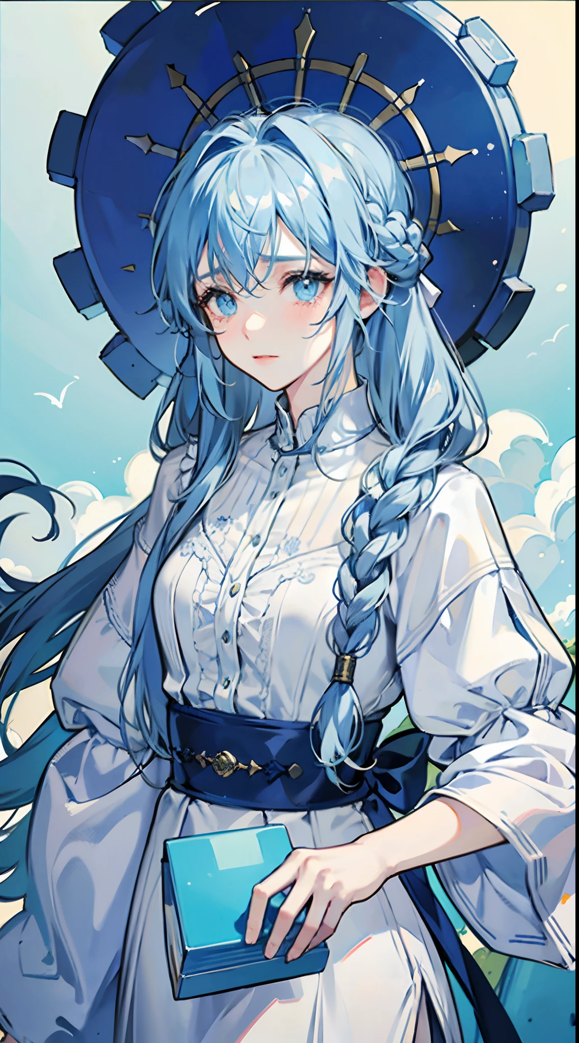 1 woman with long hair, mature, , Light blue hair and eyes, wearing a baggy, Sad eyes tears