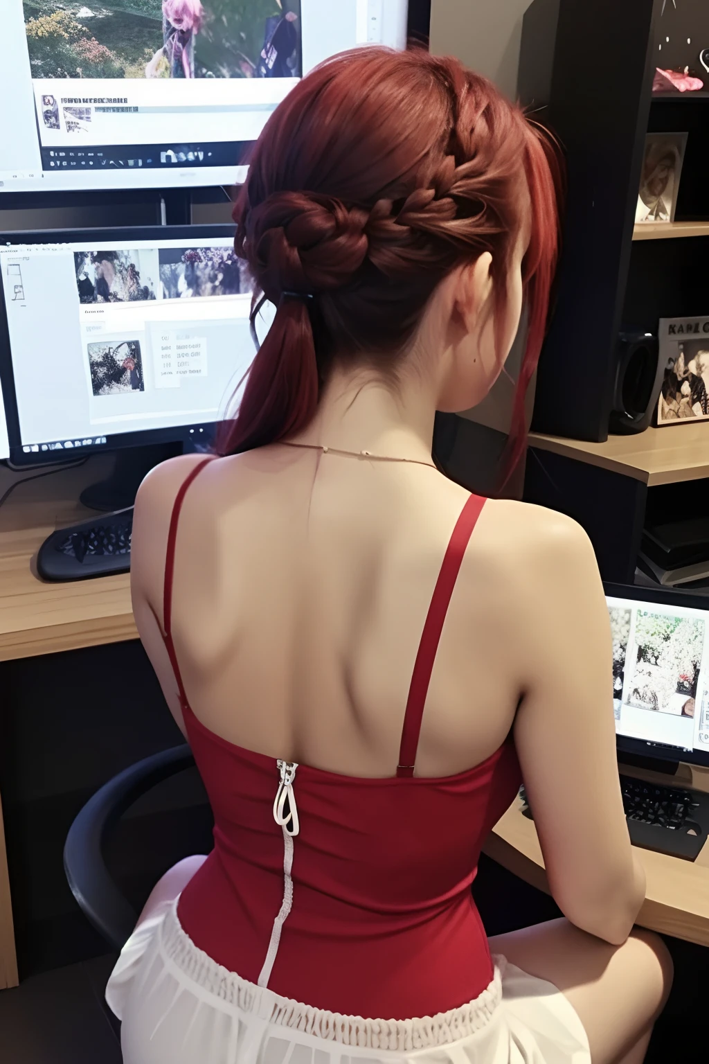 1girll,playgame,From the side,From behind, Red hair,Large display,ogc