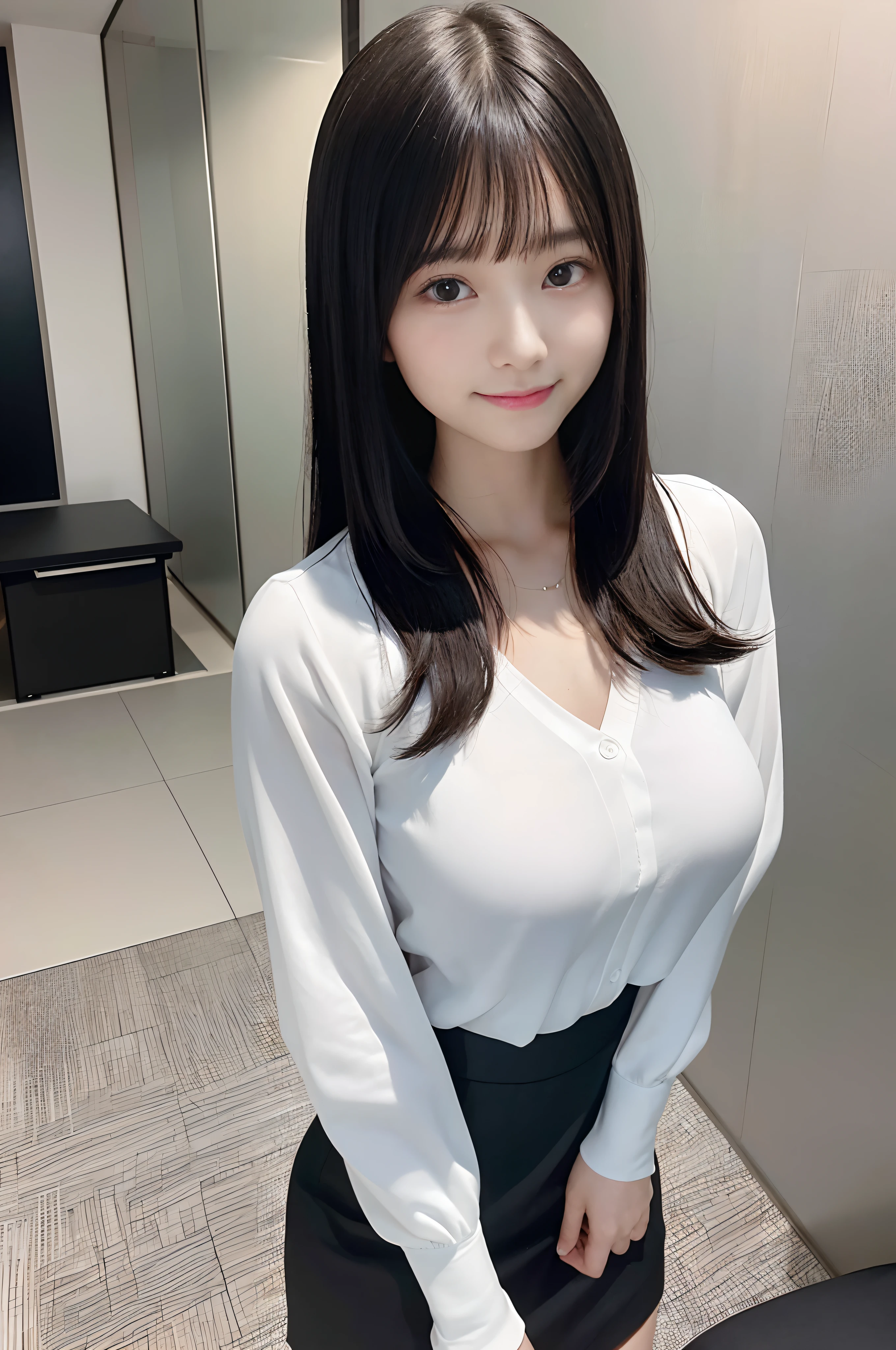(top-quality,in 8K,​masterpiece:1.3,),(超A high resolution,Photorealsitic:1.4,Raw photography),(ultra-detailliert:1.1,shinny skin,Delicate skin),(Detailed face,Perfect Anatomy,Caustics),(facing front),(Girl sitting at desk in office),23years old,kawaii,Japanese ido,stares at the camera,Brown hair,short-cut,A smile,large boob,(White blouses),(See-through white blouse:1.1),(Wearing a black bra under a blouse:1.1),(Black bra seen through blouse:1.1),tight skirts,Stockings,natural soft light,composition from the waist up