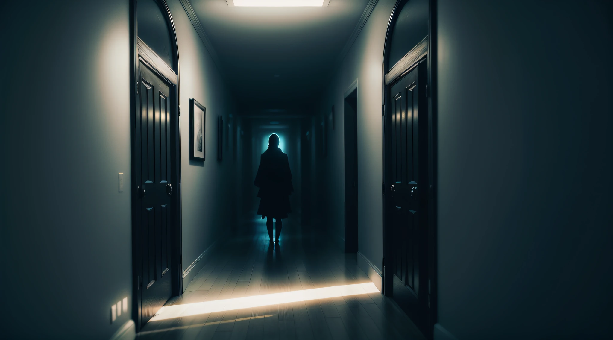 Generate an image of a dimly lit hallway with a misty, translucent figure hovering in the distance, emanating an unsettling aura of dread,8k