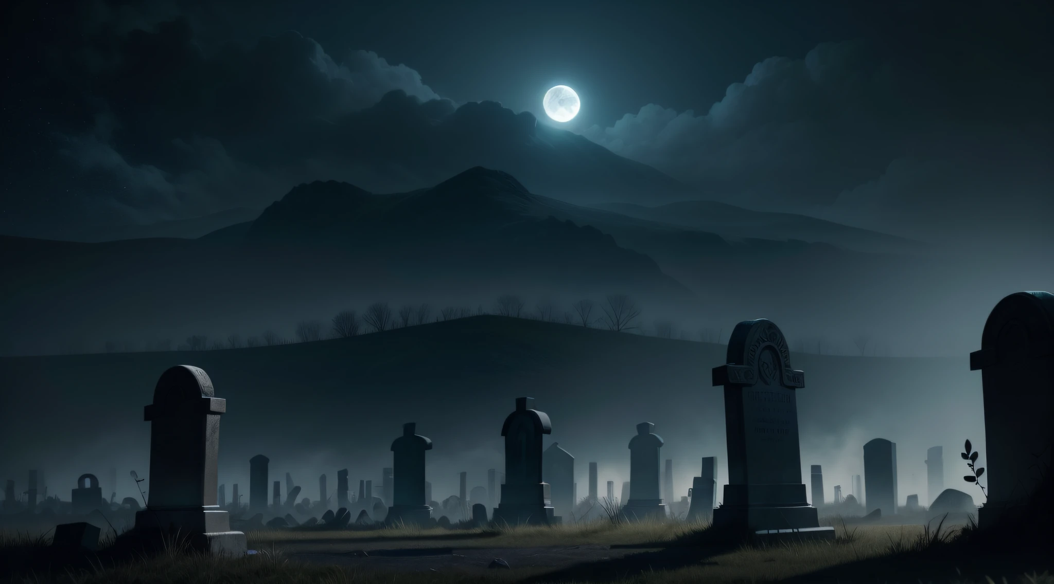 Generate an image of a desolate graveyard at night, with a pale mist rising from the ground and ghostly apparitions materializing within it under the moon's eerie glow,4k, high octane render