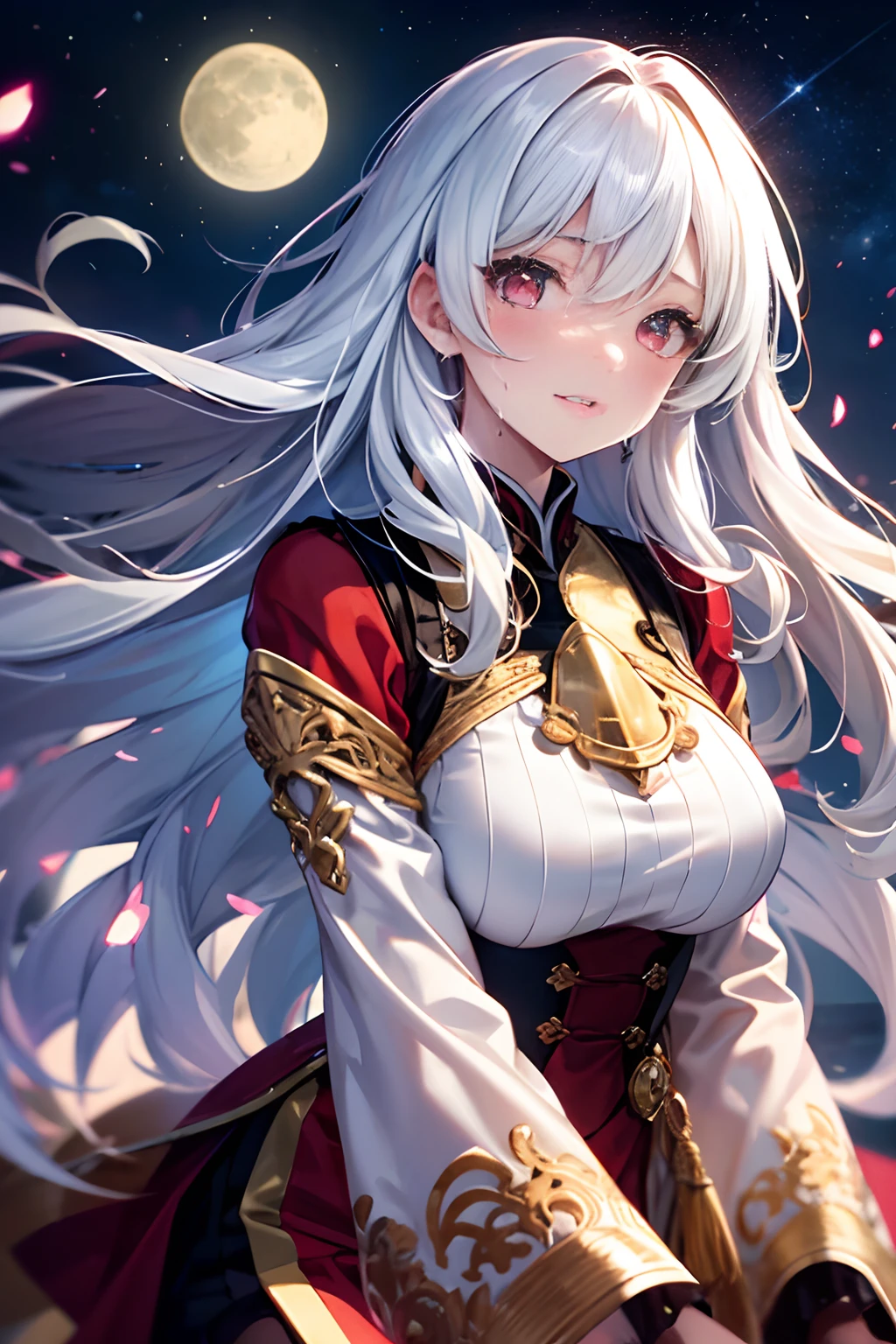 (((masterpiece)))、(((top-quality)))、((ultra-detailliert))、(illustratio)、((extremely delicate and beautiful))、Bright smile、floating、(Detailed light) (1girl in)、、独奏、The long-haired、The wind is blowing、A WORLD、(cute eye)、Realistic, ultra-detailliert, (Shiny skin, full of sweat:1.4), Looking at Viewer, slender, Solo, Miniskirt, Long hair, White hair, Red Eyes, (thick thighs:0.5), Dynamic lighting, High resolution, Sharp Focus, depth of fields, medium breasts, masutepiece, Best Quality, Ultra-detailed, Illustration, Ultra-detailed face, best quality face, Adult, 1girl in, 18 years old, Adult, intricate detailed outfit, Sexy Pose, Glowing red dress, Cute, kawaii, Digital Art, finely detailed eyes, Blushing, Red cheeks, Realistic, Glowing eyes, Fluffy jumper, Skirt, Parted lips, blush, Night, Cute, kawaii, Digital Art, finely detailed eyes, Embarrassed expression, long_hair, Blushing, Moon, Star_\(skyporn\), starrysky_skyporn, full_Moon, Photorealistic, Asian, Woman, mix4