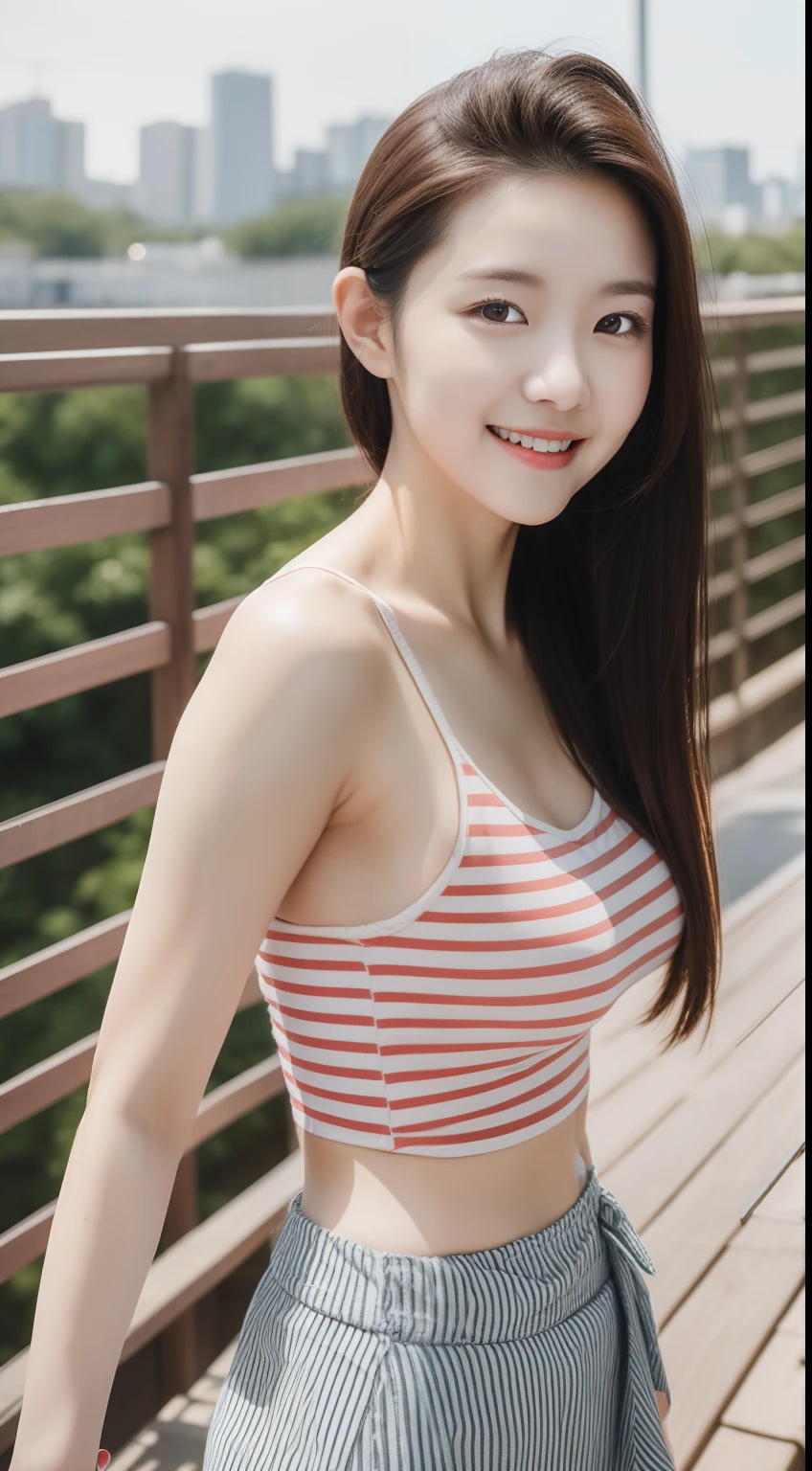 realistic photos of 1 cute Korean star, cornrows, white skin, thin makeup, 32 inch breasts size, slightly smile, wearing black vertical striped tank top, pants, at the city, wooden bridge is backdrop, upper body portrait, sparkle, pov, UHD