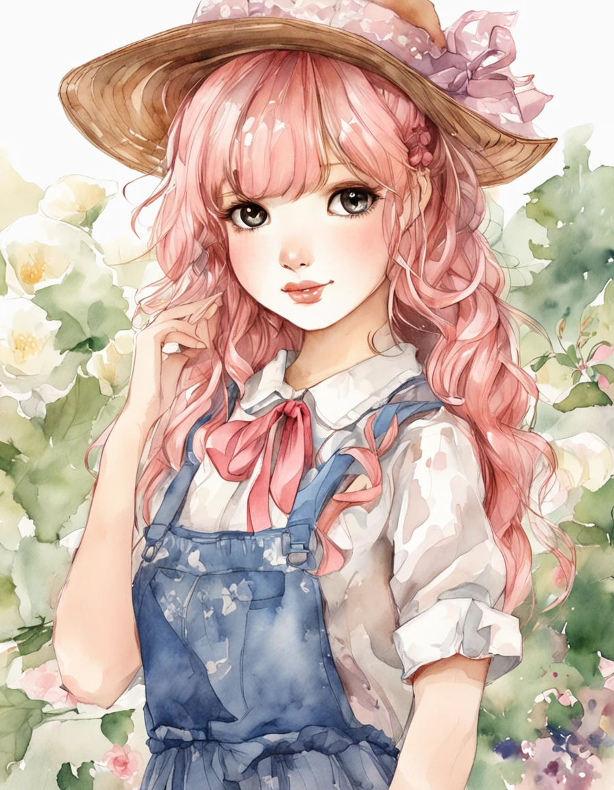 animesque、Classic American Taste、Little girl、stature９０cm、A pink-haired、Hair is wavy、tshirts、Jeans fabric skirt、独奏、