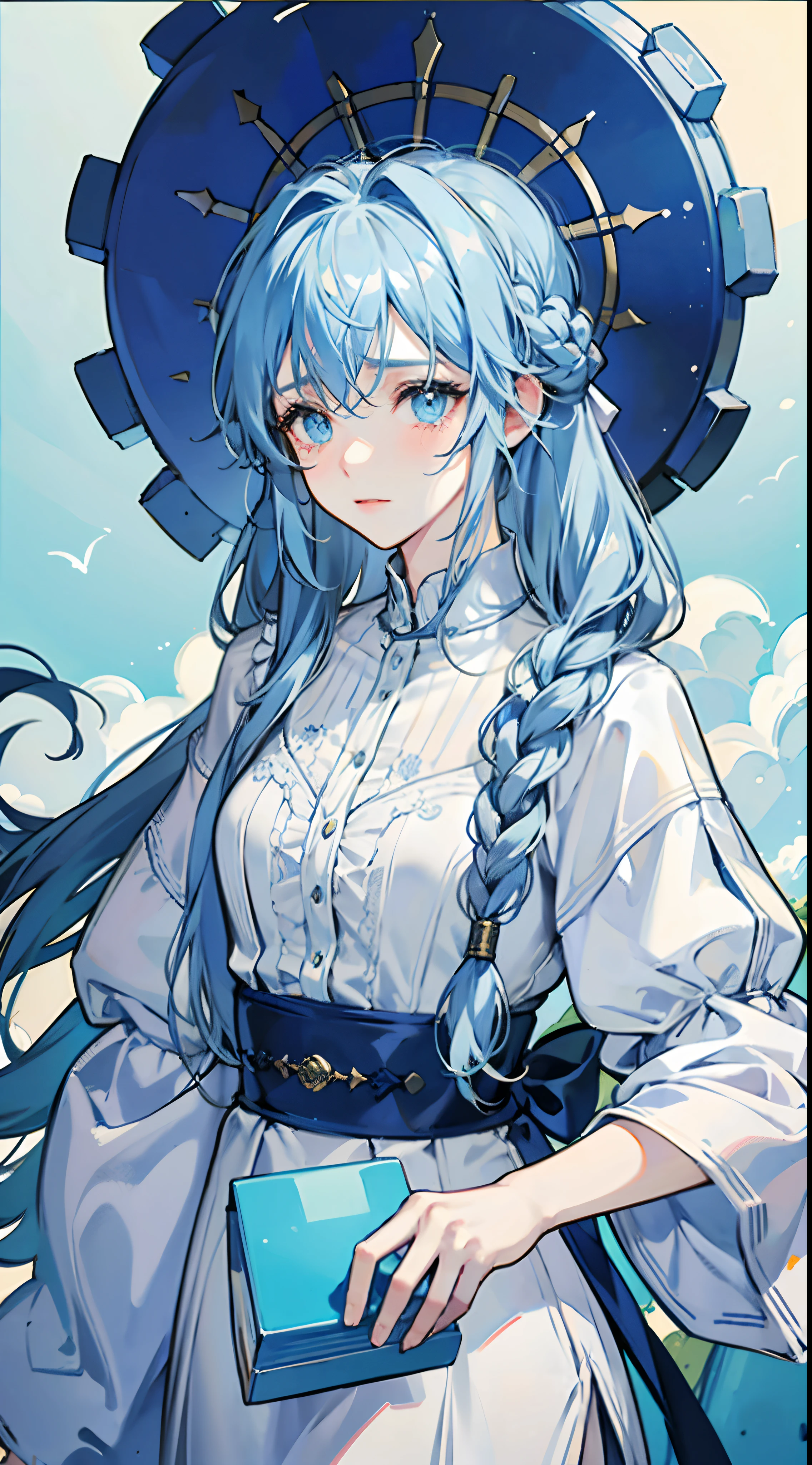1 woman with long hair, mature, , Light blue hair and eyes, wearing a baggy, Sad eyes tears