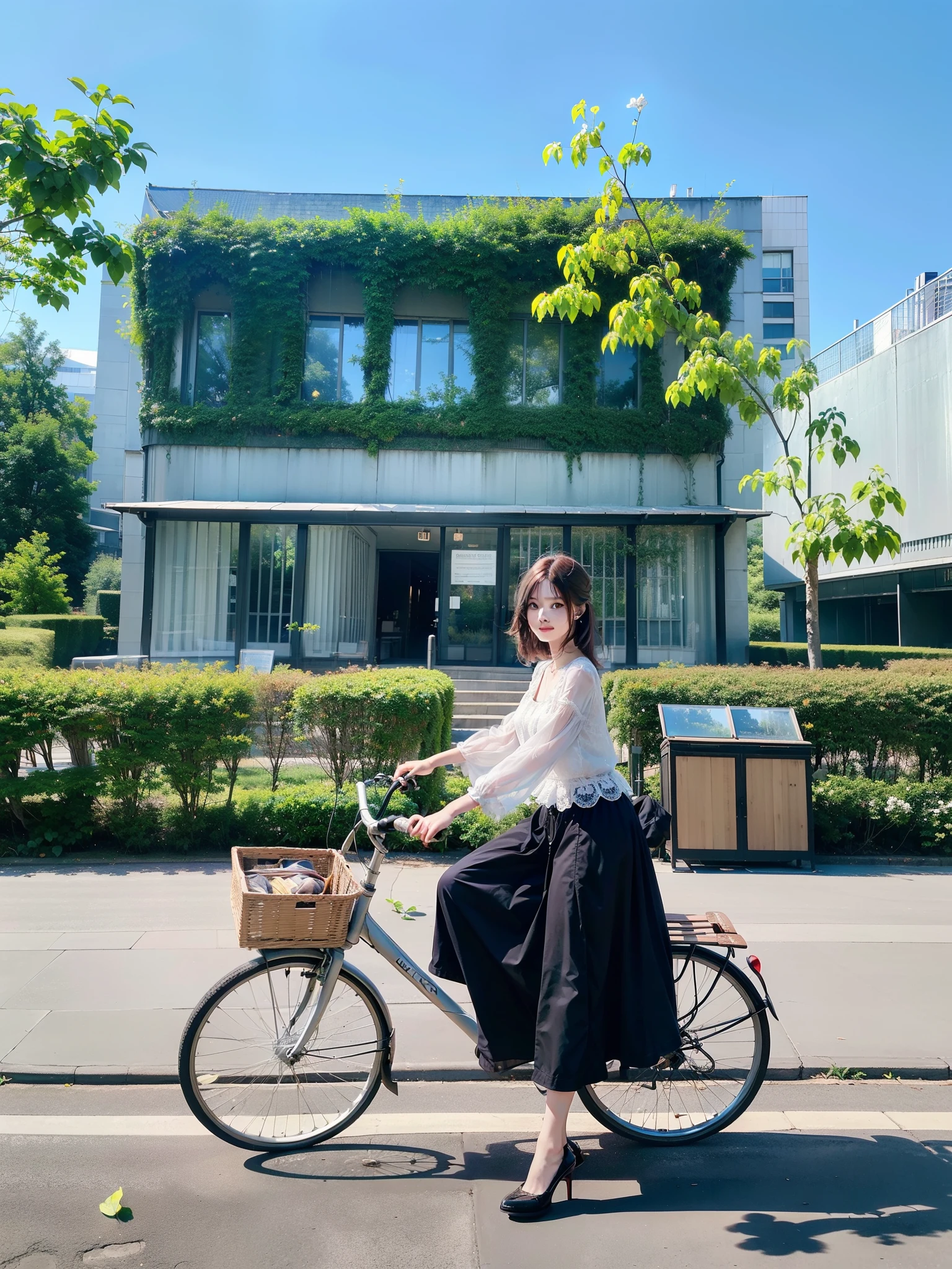 (((hight resolution)))、(in 8K)、 (((ighly detailed)))、(top-quality、masterpiece:1.3)、((sharpnes))、ciinematic light、(One woman strolling in the park)、a closeup、A lot of big trees、the woods、Shade、Sunlight、1 bench、