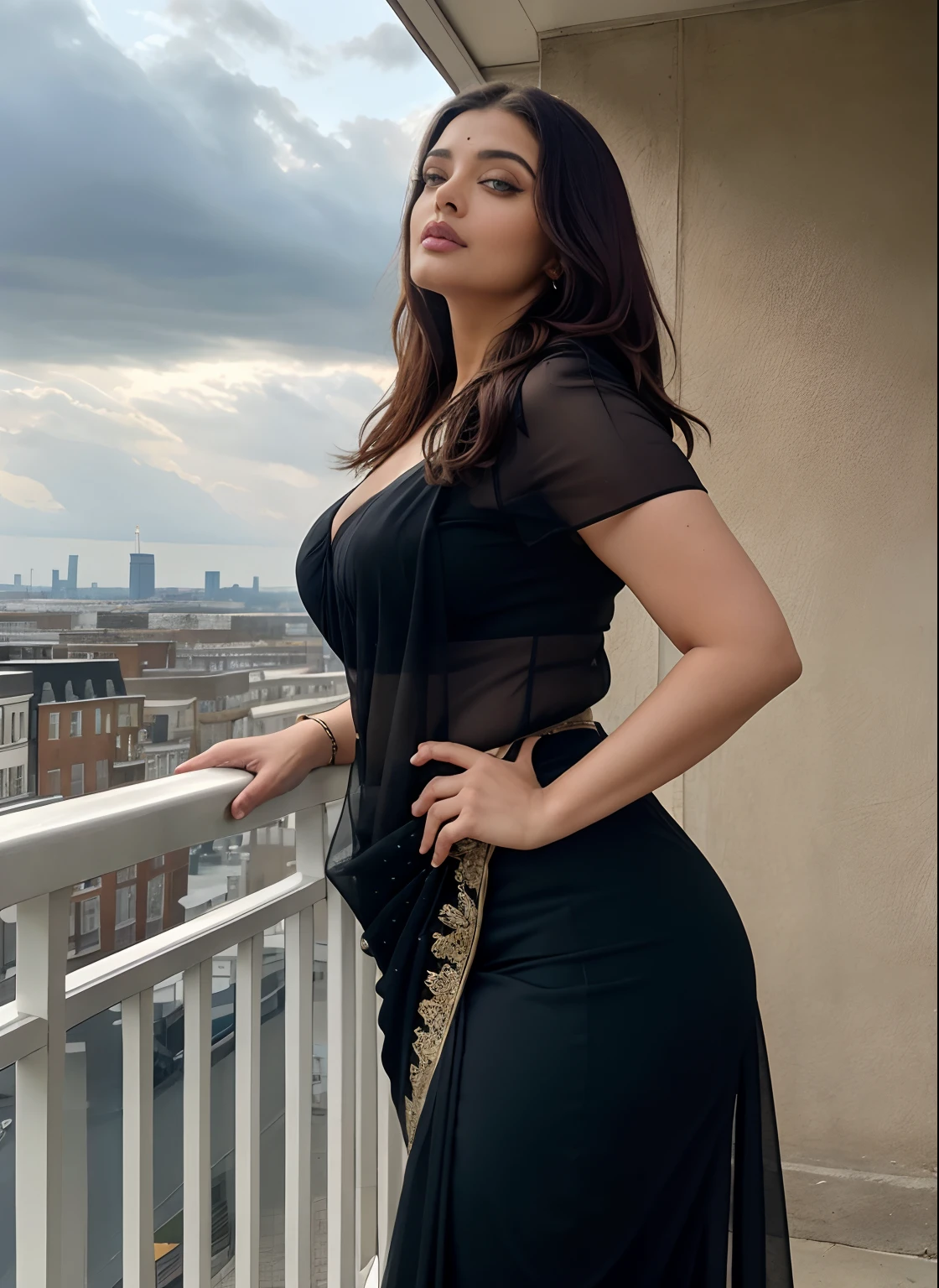 cowboy shot scenic professional photograph of RAW photo, photorealistic, [:intricate details:0.3], best quality, photo of beautiful Aishwarya Rai Bachchan Indian actress 45y old woman, with brown hair, detailed skin, (like a plus size:1.1), (beautiful round shape breasts:1.1), (big ass:1.1), (full black color saree with blouse), 1girl, graceful body structure, from front, looking at viewer, cowboy shot, in outdoor London town city, natural color, perfect viewpoint, highly detailed, wide-angle lens, hyper realistic, with dramatic sky, polarizing filter, natural lighting, vivid colors, everything in sharp focus, HDR, UHD, 64K Photorealistic, Hyperrealistic, Hyperdetailed, analog style, detailed skin, matte skin, soft lighting, subsurface scattering, realistic, heavy shadow, masterpiece, best quality, ultra realistic, 8k, golden ratio, Intricate, High Detail, film photography, soft focus