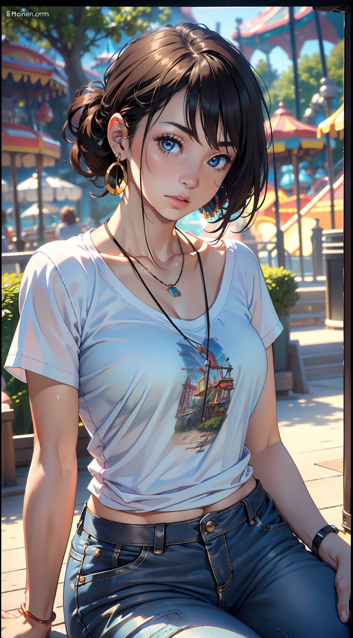 (8k, RAW photo, best quality, masterpiece:1.2), (realistic, photo-realistic:1.37), solo,ultra-detailed, high detail,ultra-high definition, very detailed, high quality, high resolution, distant view,(((amusement park))),1lady,80% BODY,(((sitting))),beautiful eyes,shirt,earrings,necklace,illusory 5 rendering, --niji 5.