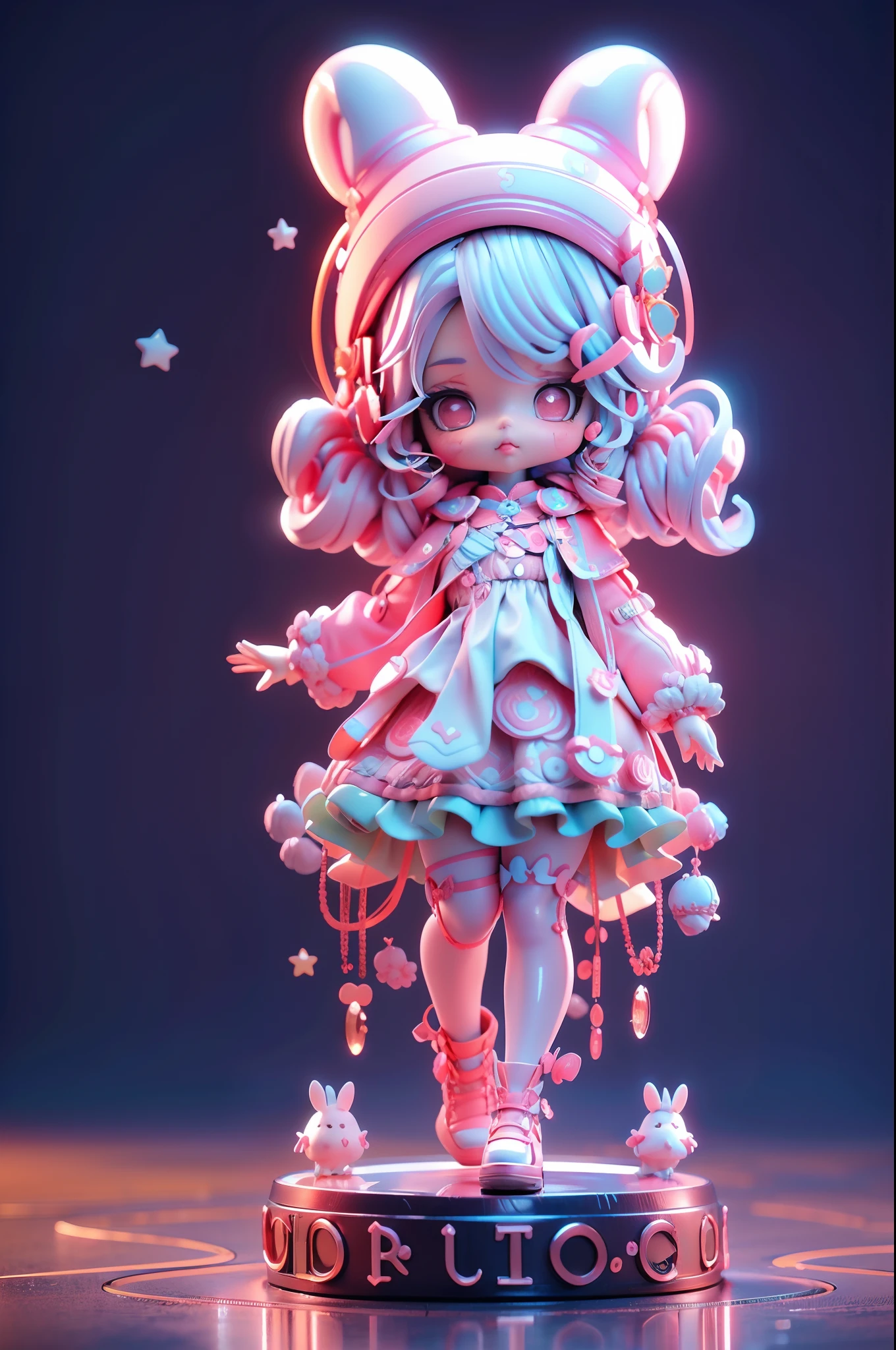 Pink wavy curly rabbit，Wearing a ****ta dress，Star Jewelry，****ta style，（​masterpiece，Best Quality），3D Blind Box Doll，Pastel tones，light，high detailed official artwork，beautiful anime art, anime fantasy illustration、White background、