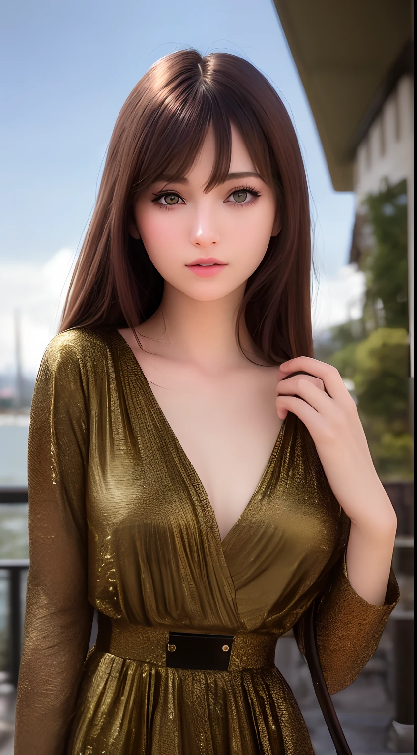 best quality, masterpiece, 1girl, Beautiful face, (green eyes), (brown hair), (photo realistic:1.3), rim lighting, (high detailed skin:1.2), 8k uhd, dslr, high quality, high resolution, 4k, 8k, Bokeh,  absurdres, best ratio four finger and one thumb, (realistic:1.2), ulzzang, cute kawaii 1girl,