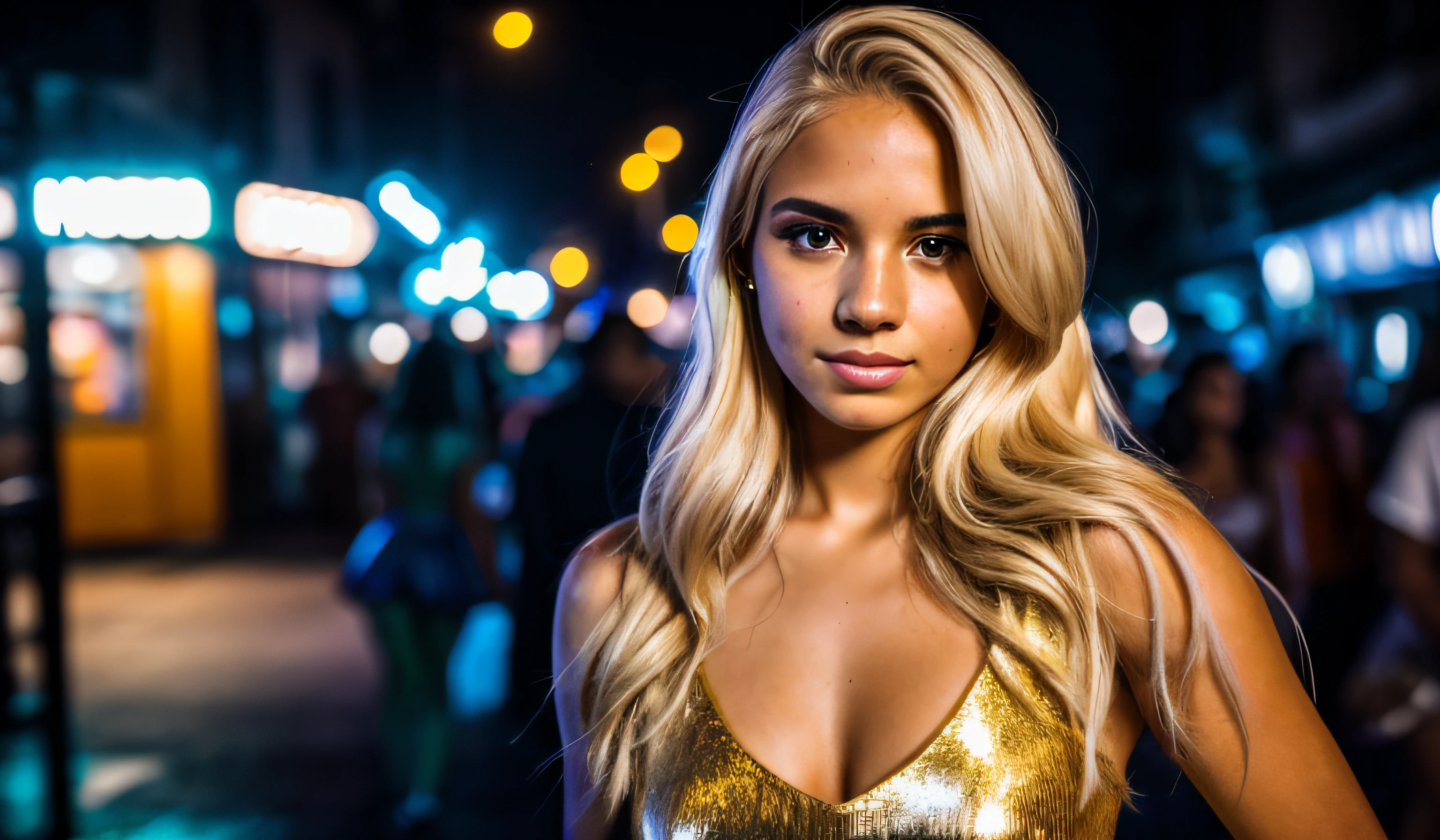 RAW photo, a portrait of a 20-year-old Brazilian woman in disco club dress, blonde, night, city street, (highly detailed skin: 1.2), 8k UHD, DSLR, soft lighting, high quality, film grain, Fujifilm XT3