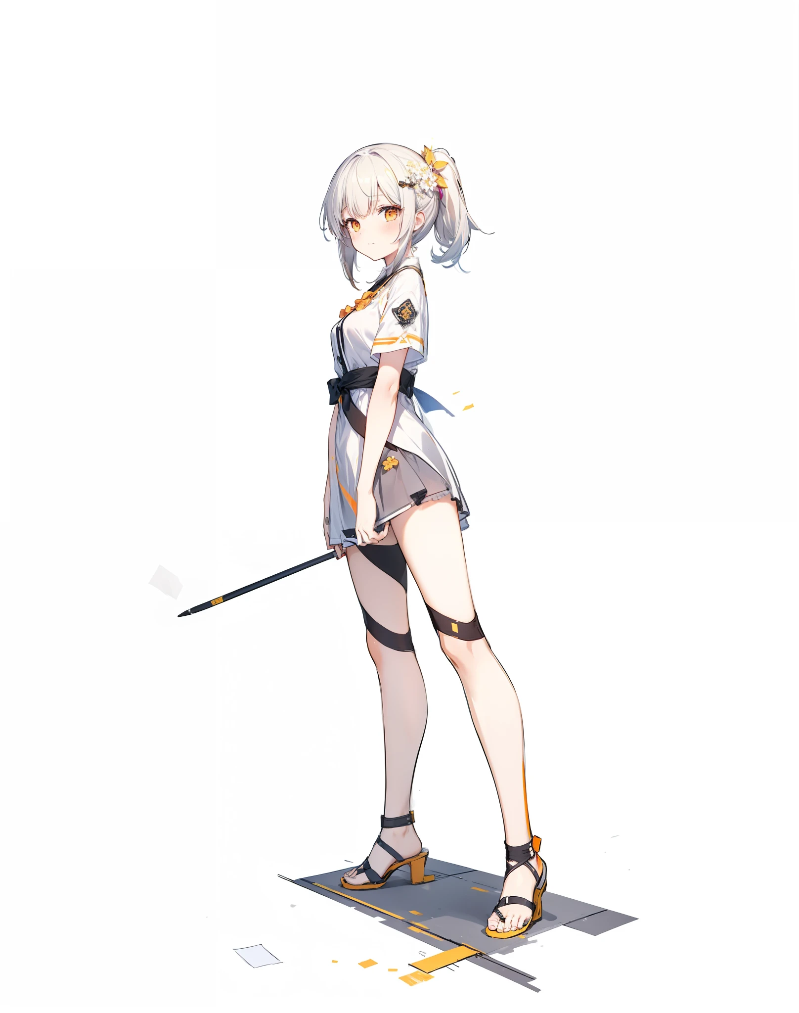 masterpiece,best quality,official art,extremely detailed CG unity,8k wallpaper,logo design,concise logo,brief,(sketch:1.2),(paper),(face:1),(flower:0.9),(pencil:0.9, eraser:0.9),fine handwriting,1girl,adorable girl,revealing dress,orange eyes,yellow sclera,light smile,long hair,black hair,{{high ponytail}},crossed bangs,medium breasts,leggings,masterpiece,official art, extremely detailed CG unity 8k wallpaper，