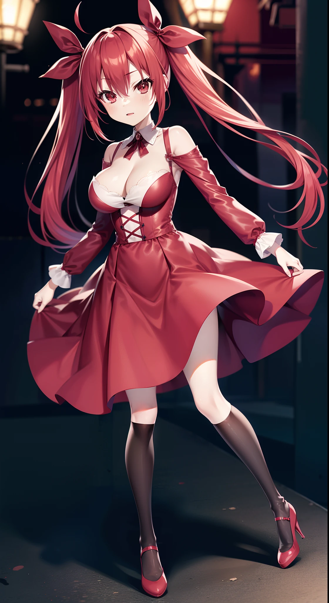 anime girl, lonely, red hair, big breasts, gothic dress, elegant dress, skirt, heels, city, night, street lamps, lights
