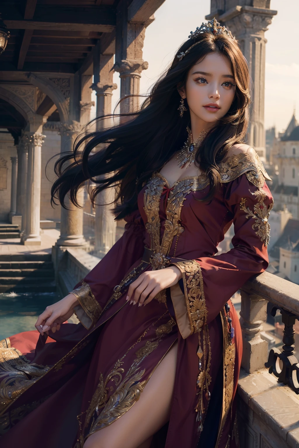 ((top-quality、​masterpiece、photographrealistic:1.4、8K))、1 beautiful detailed girl、extremely detailed eye and face、beatiful detailed eyes、（Red luxury dress in medieval European style、Princess）、Luxury accessories、Elegant smile、（Depict a scene of a princess standing on the balcony of a castle where the sun rises。She stared into the distance、Hair swaying in the wind and a dress complement her noble vibe。）、Cinematic lighting、Textured skin、Super Detail、high detailing、High quality、hight resolution、（looking at the viewers）