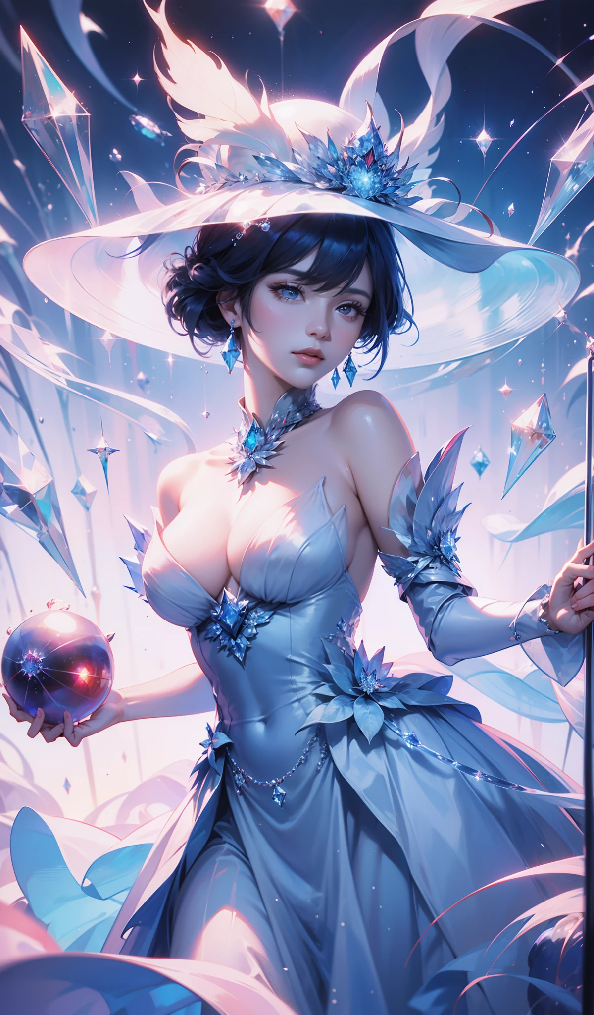 woman，Conservative attire，(Wearing a big hat)，Blue crane，Wearing a blue and red and white princess dress，Close-up of upper body，Close-up photos，jewelery，Visions of heaven and earth，(((Magic crystal ball)))，The background is the Milky Way，solar system