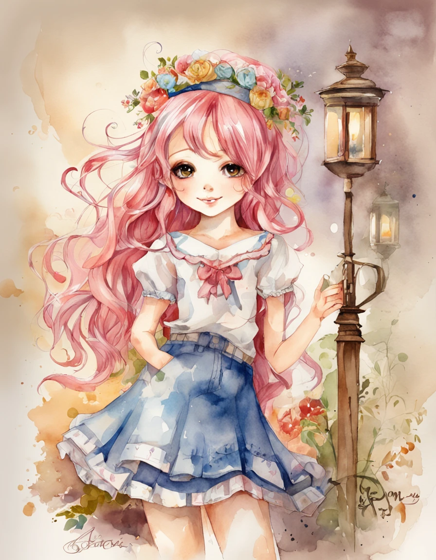 animesque、Classic American Taste、2Year-、stature90CM、A pink-haired、Hair is wavy、tshirts、Jeans fabric skirt、独奏、character drawing