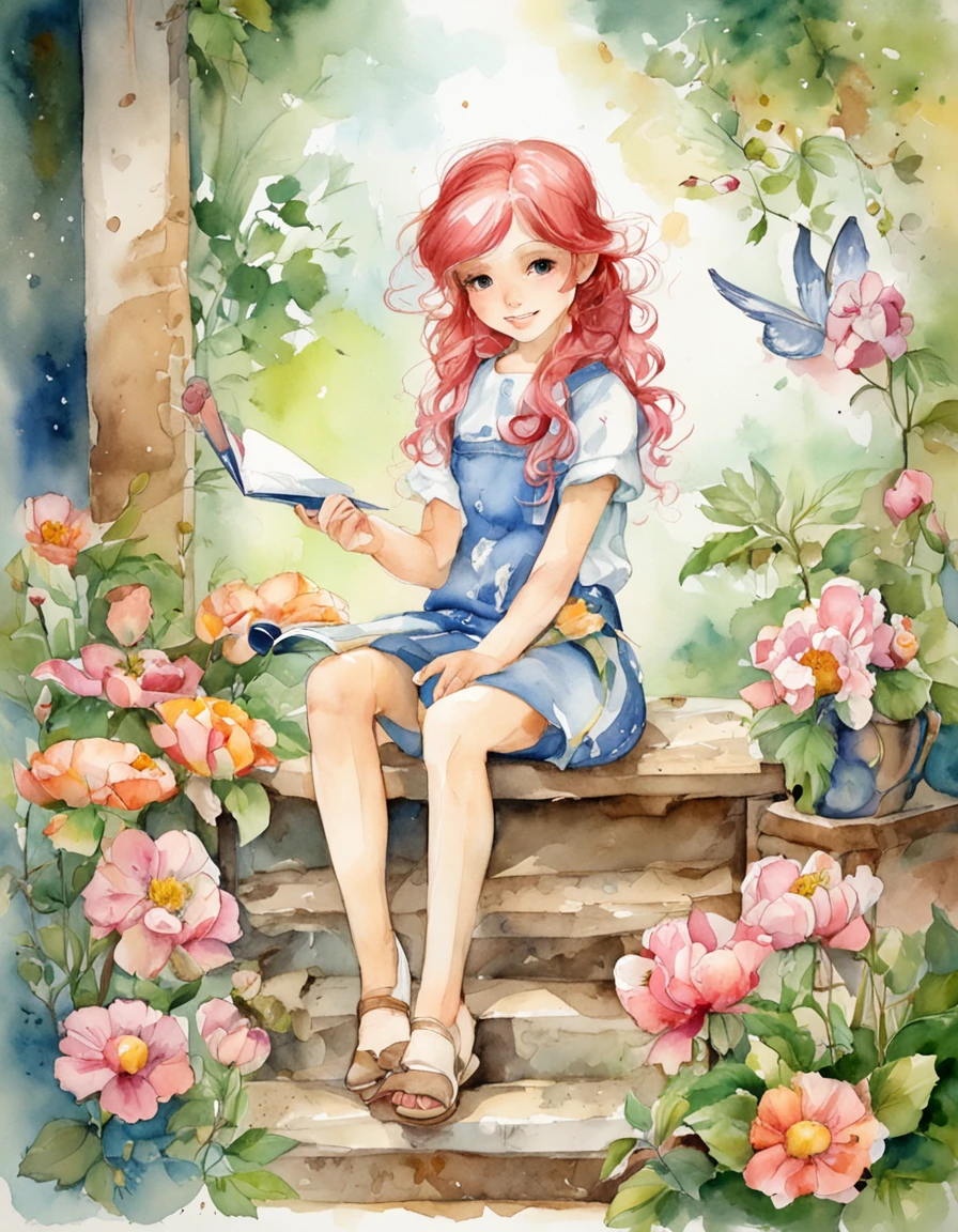 animesque、Classic American Taste、２Year-old children、stature９０CM、A pink-haired、Hair is wavy、tshirts、Jeans fabric skirt、独奏、character drawing